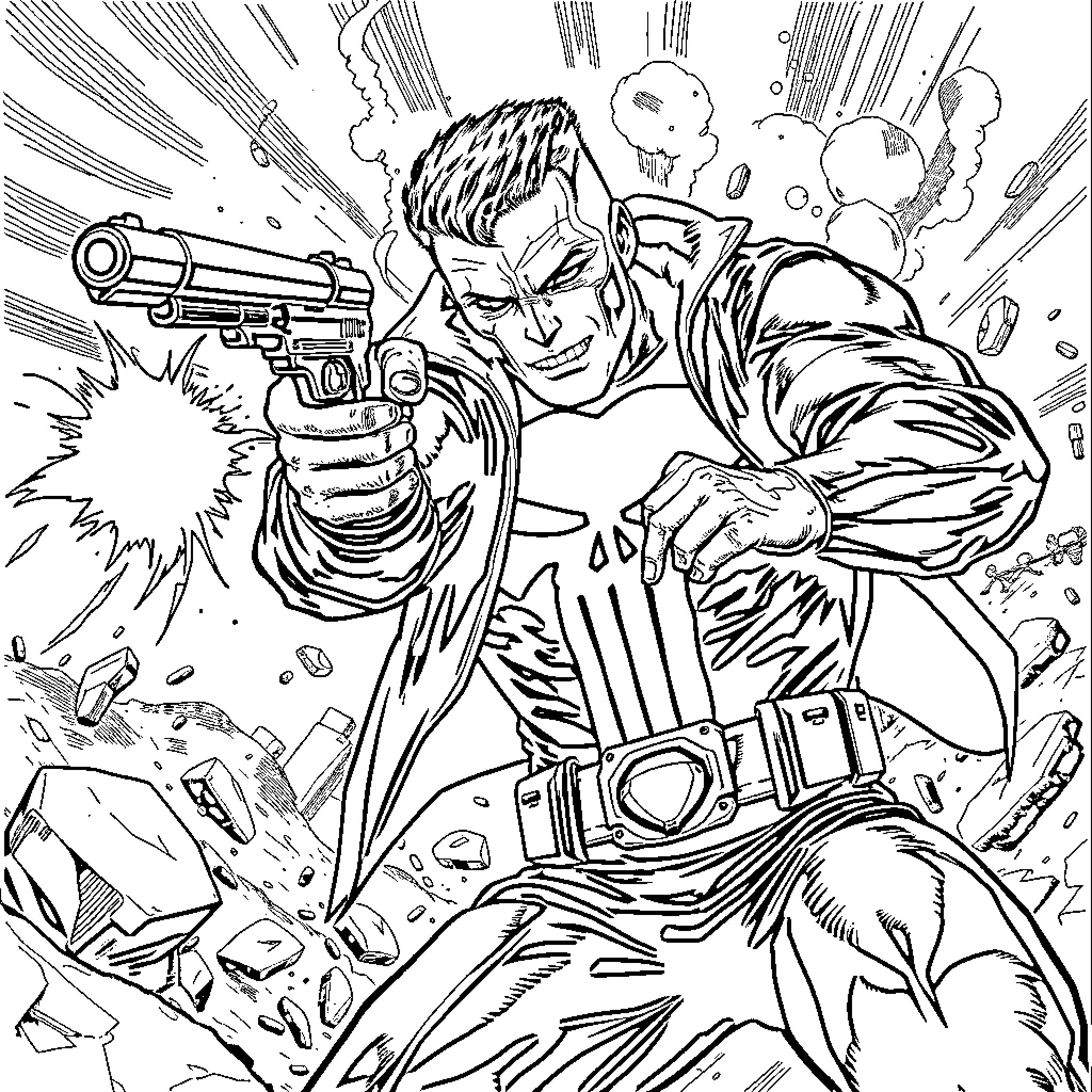 Punisher Unleashes Chaos with Unrelenting Firepower Coloring Page (free black-and-white line drawing printable PDF for all, from beginners to advanced learners, including children, teens, adults, and seniors)