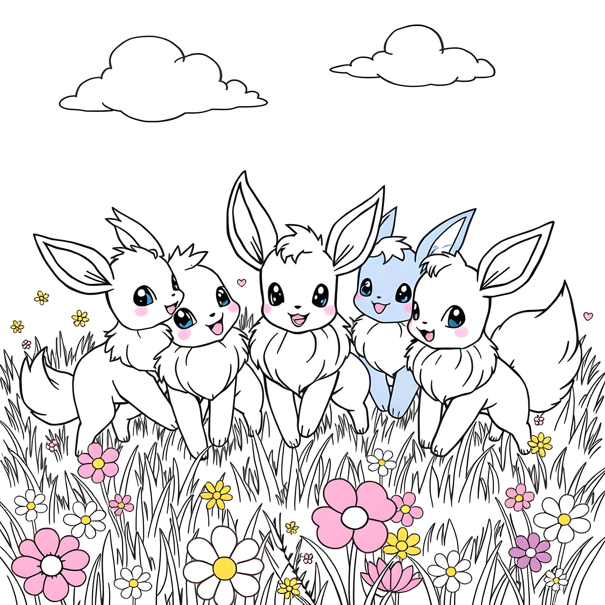 Eevee and friends enjoying the meadow Coloring Page (free black-and-white line drawing printable PDF for all, from beginners to advanced learners, including children, teens, adults, and seniors)