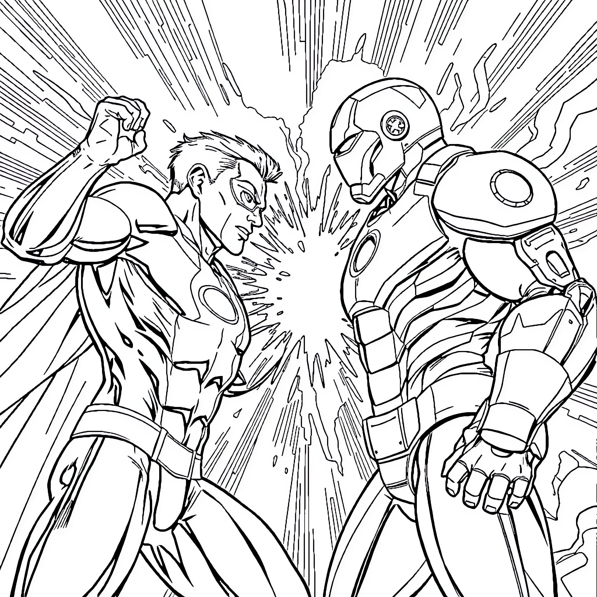 Mister Fantastic Superhero Clash in Epic Battle Coloring Page (free black-and-white line drawing printable PDF for all, from beginners to advanced learners, including children, teens, adults, and seniors)