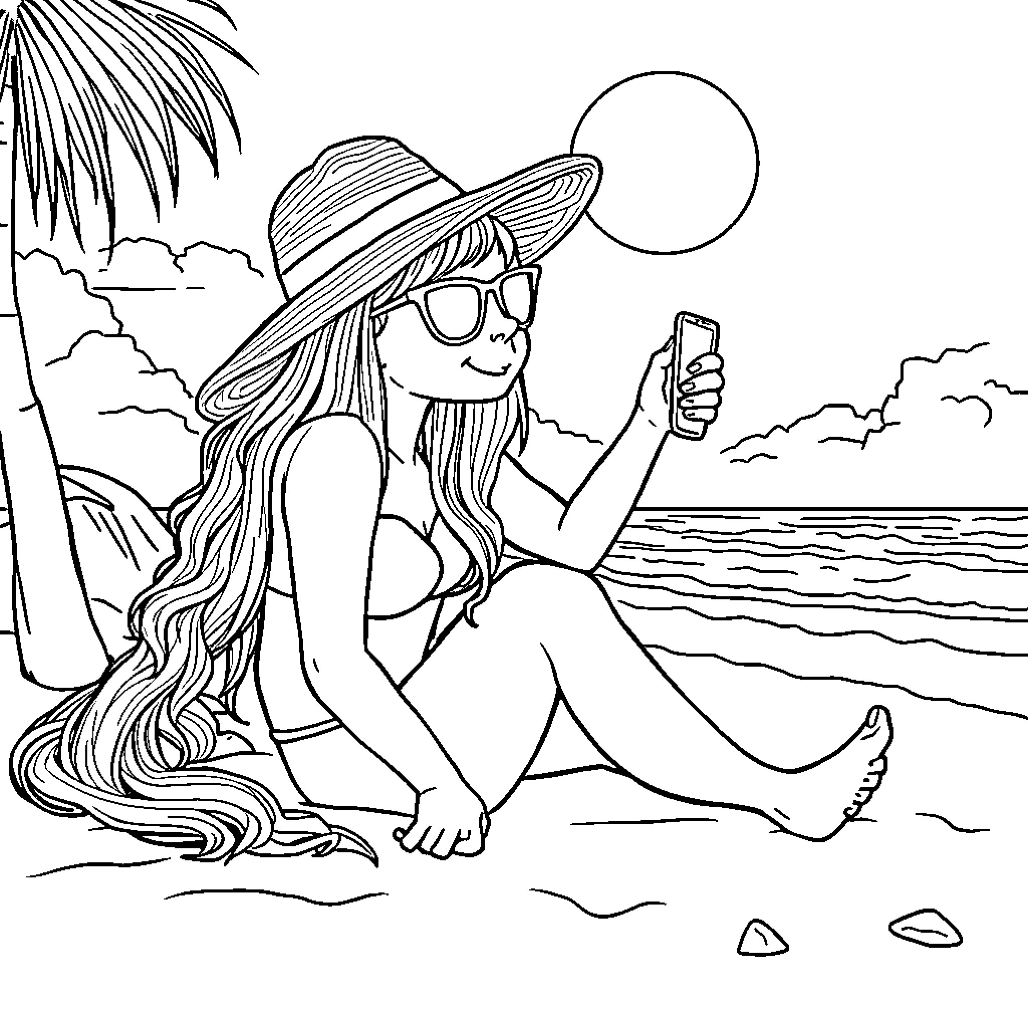 Hungry Woman Relaxing on the Beach Coloring Page (free black-and-white line drawing printable PDF for all, from beginners to advanced learners, including children, teens, adults, and seniors)