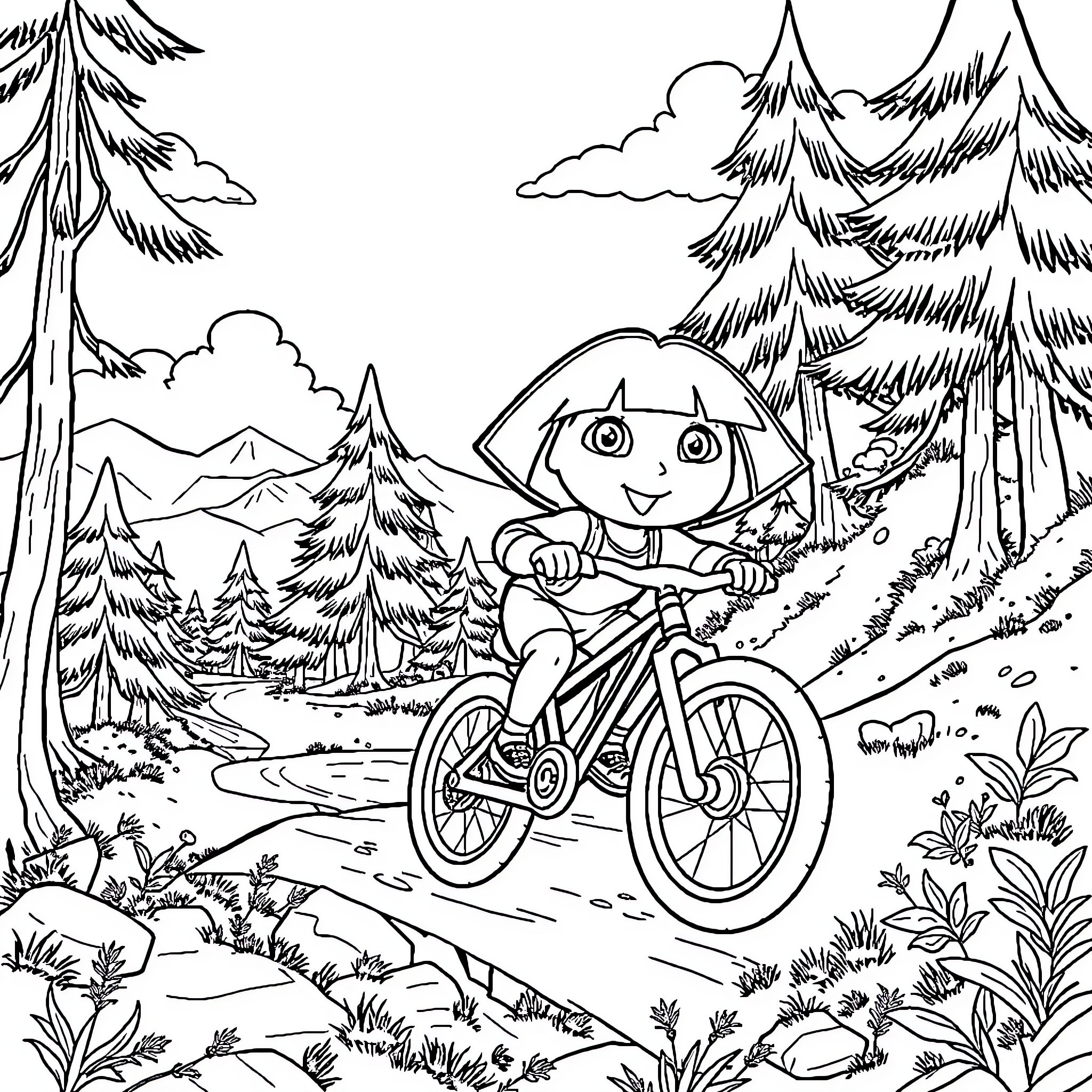 Dora exploring the forest on her bicycle Coloring Page (free black-and-white line drawing printable PDF for all, from beginners to advanced learners, including children, teens, adults, and seniors)