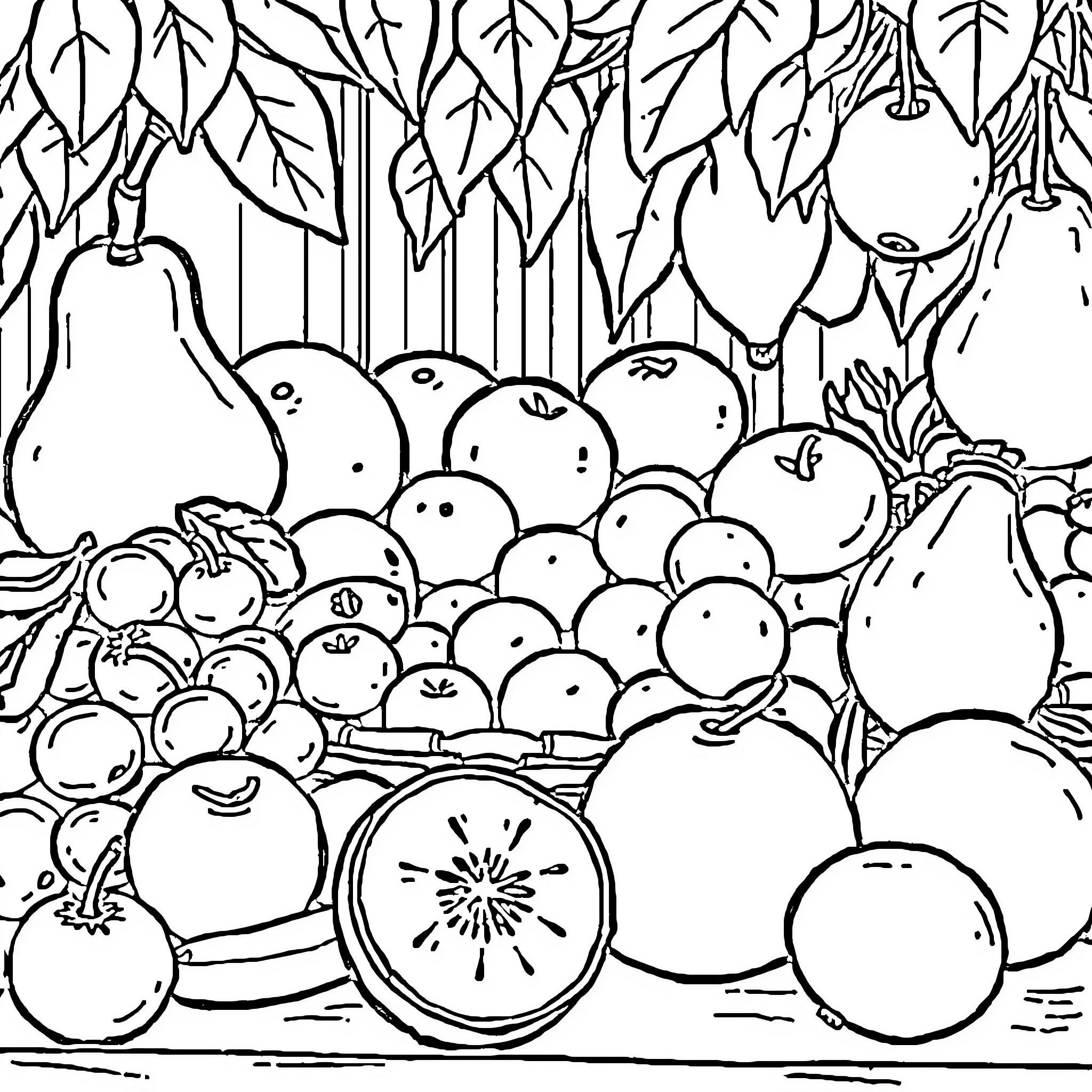 Fruit assortment in a forest scene Coloring Page (free black-and-white line drawing printable PDF for all, from beginners to advanced learners, including children, teens, adults, and seniors)