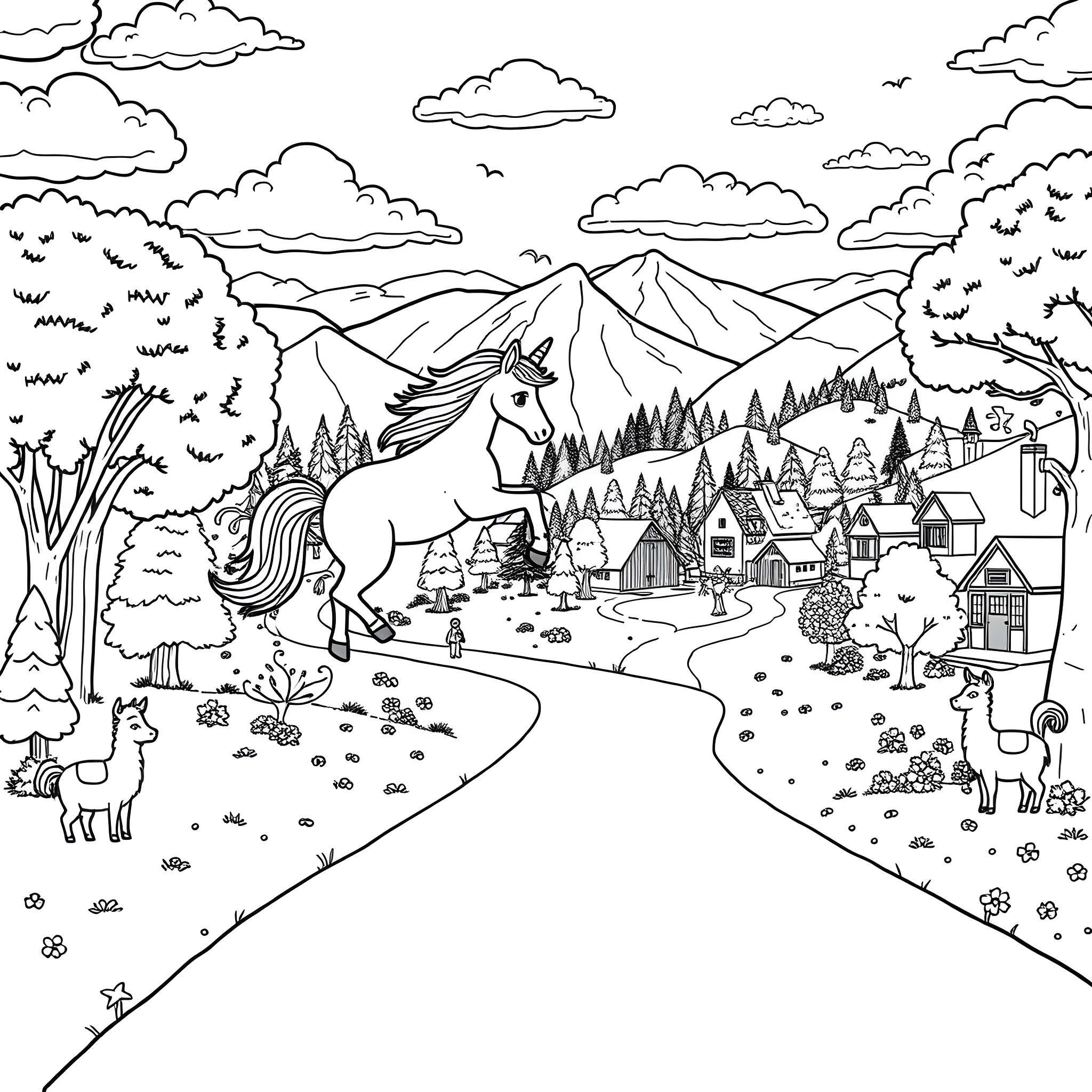 Unicorn in a magical mountain town Coloring Page (free black-and-white line drawing printable PDF for all, from beginners to advanced learners, including children, teens, adults, and seniors)