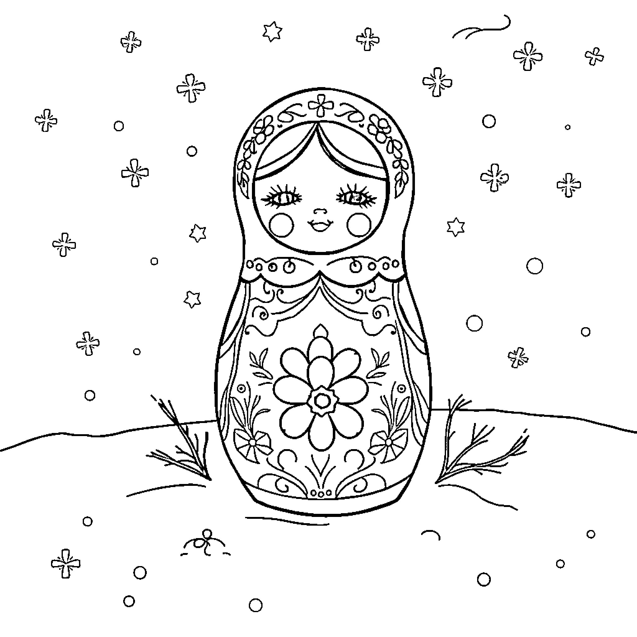 Matreshka doll with floral decorations in nature Coloring Page (free black-and-white line drawing printable PDF for all, from beginners to advanced learners, including children, teens, adults, and seniors)