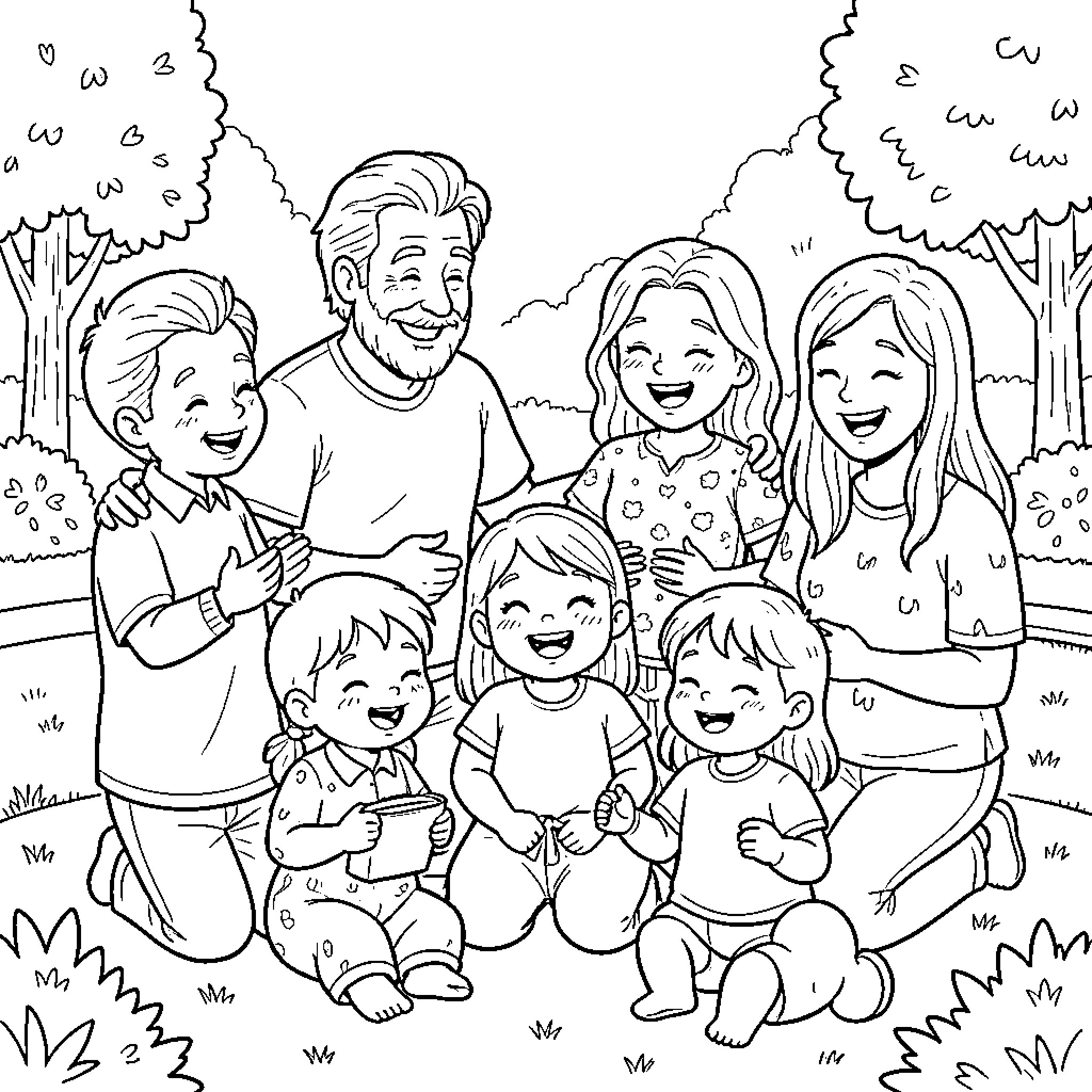 Family smiling and enjoying time together outdoors Coloring Page (free black-and-white line drawing printable PDF for all, from beginners to advanced learners, including children, teens, adults, and seniors)