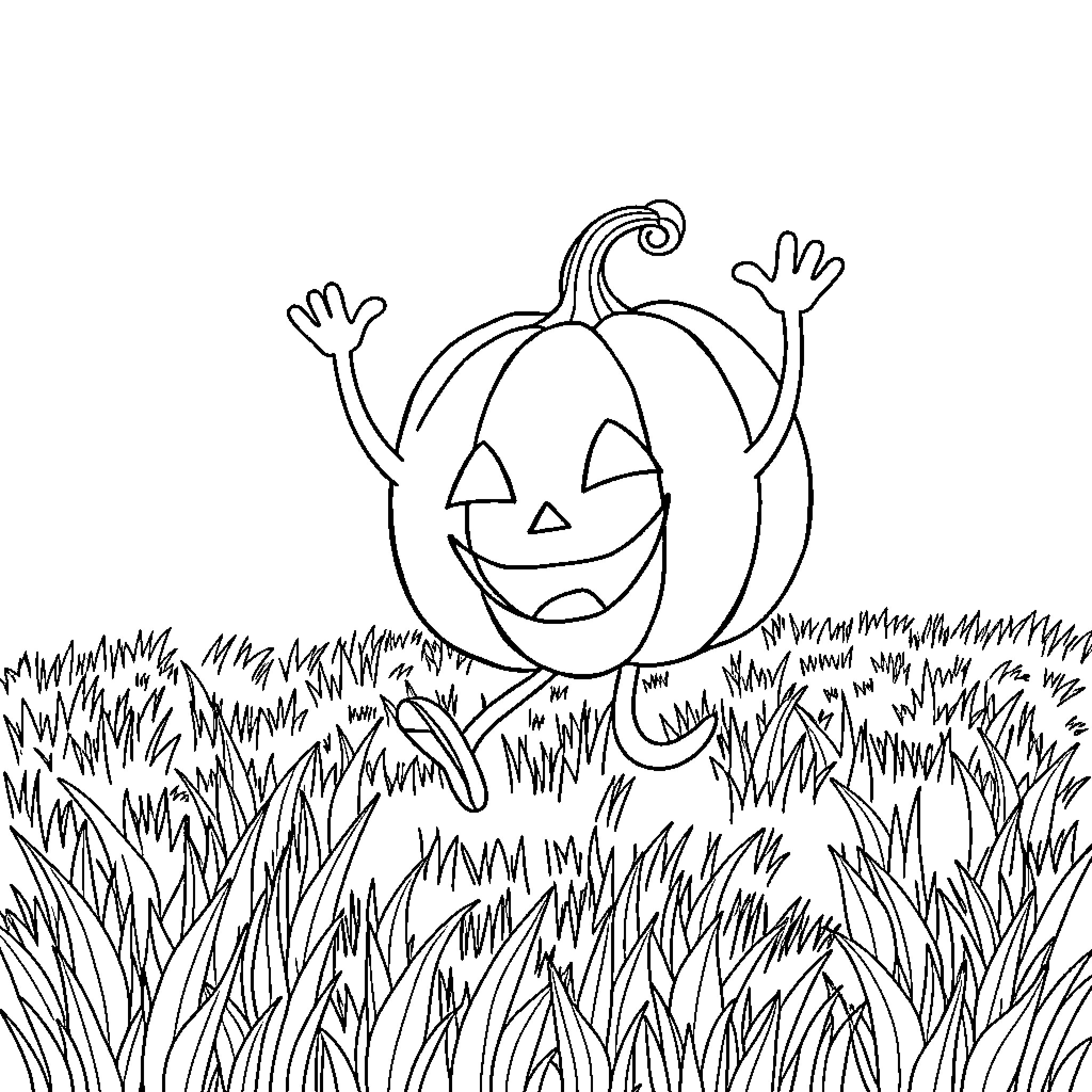 Pumpkin jumping excitedly in the grass Coloring Page (free black-and-white line drawing printable PDF for all, from beginners to advanced learners, including children, teens, adults, and seniors)