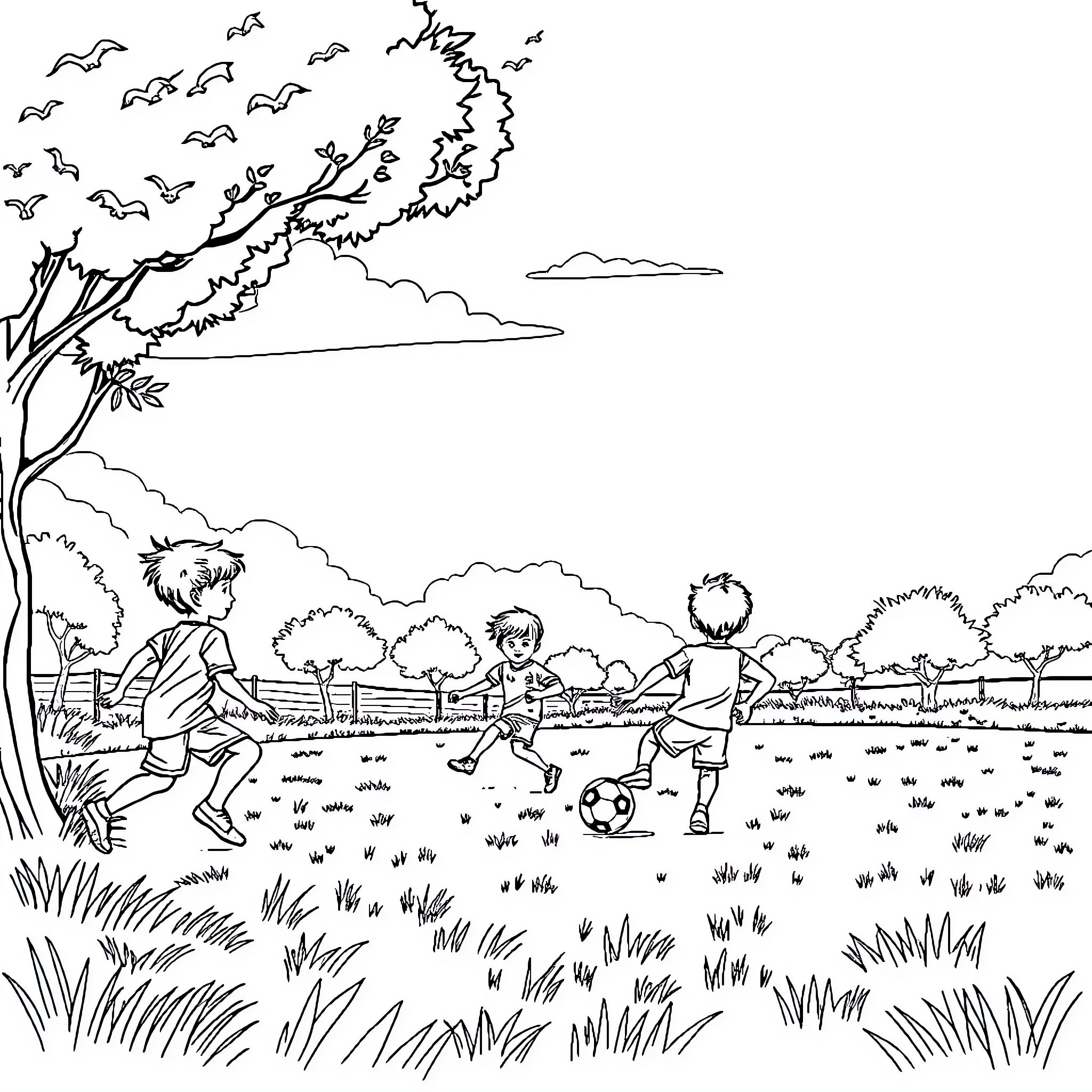 Football players enjoying a game in the park Coloring Page (free black-and-white line drawing printable PDF for all, from beginners to advanced learners, including children, teens, adults, and seniors)