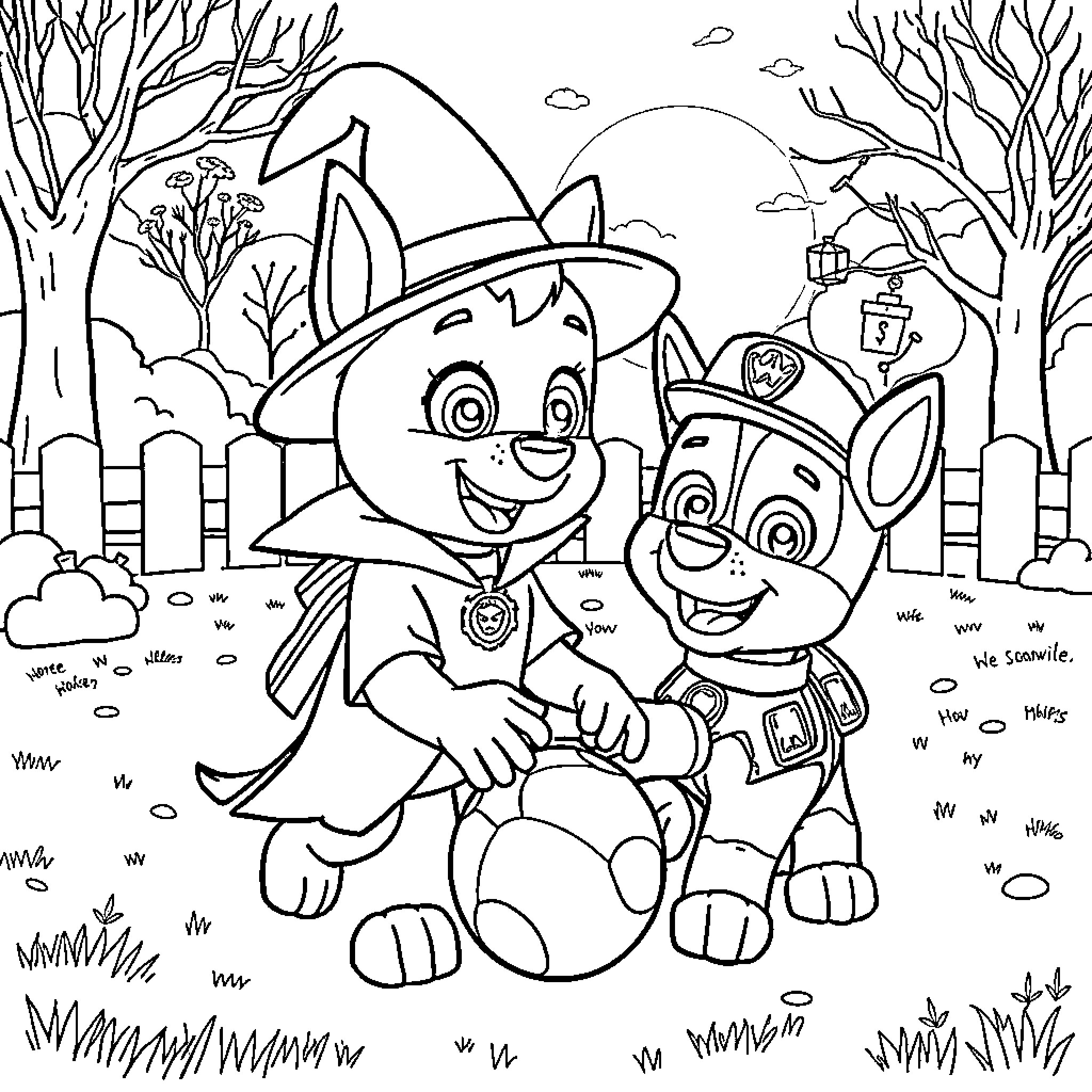 Bluey and Paw Patrol Pup in Enchanted Forest Coloring Page (free black-and-white line drawing printable PDF for all, from beginners to advanced learners, including children, teens, adults, and seniors)