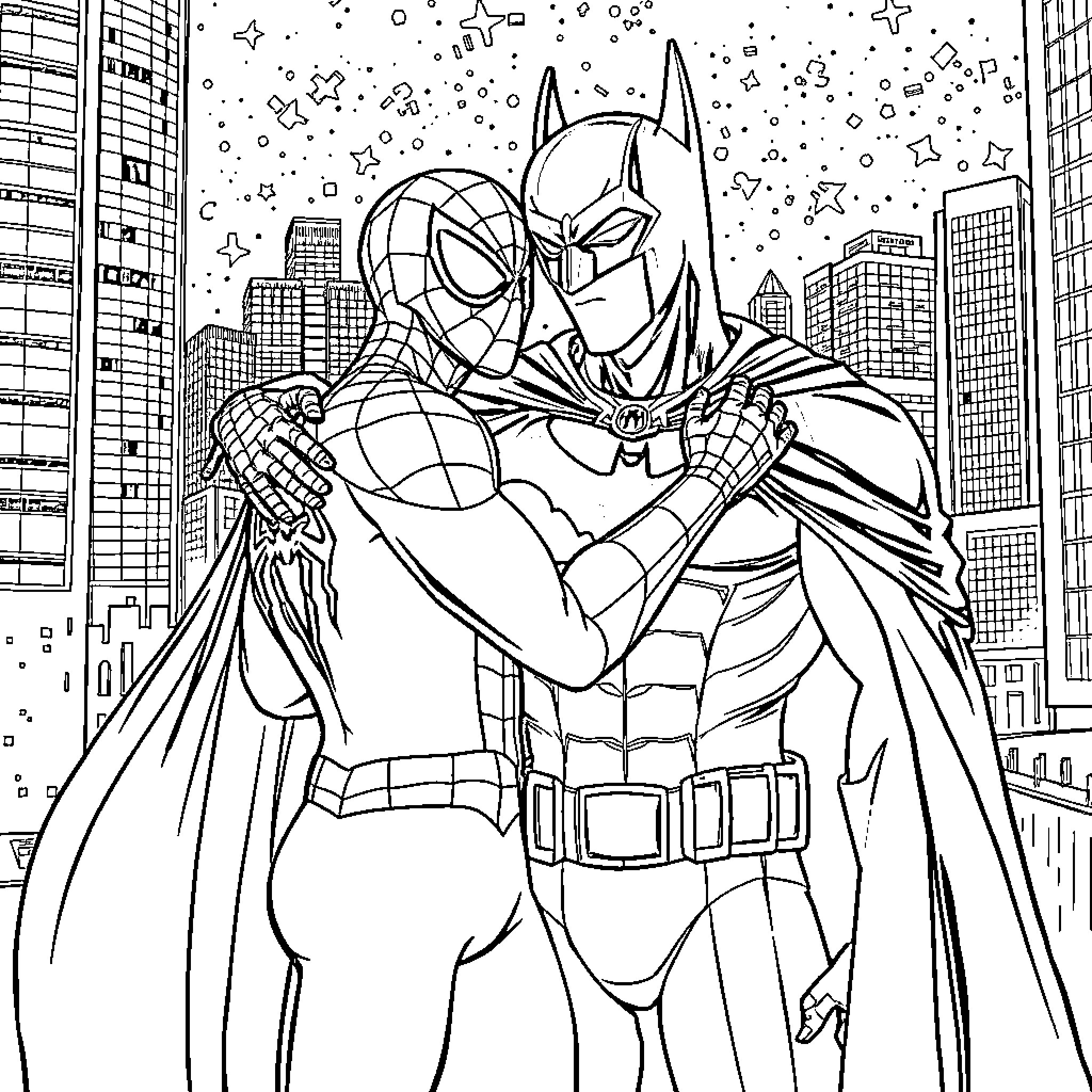Spiderman and Batman team up in the city Coloring Page (free black-and-white line drawing printable PDF for all, from beginners to advanced learners, including children, teens, adults, and seniors)