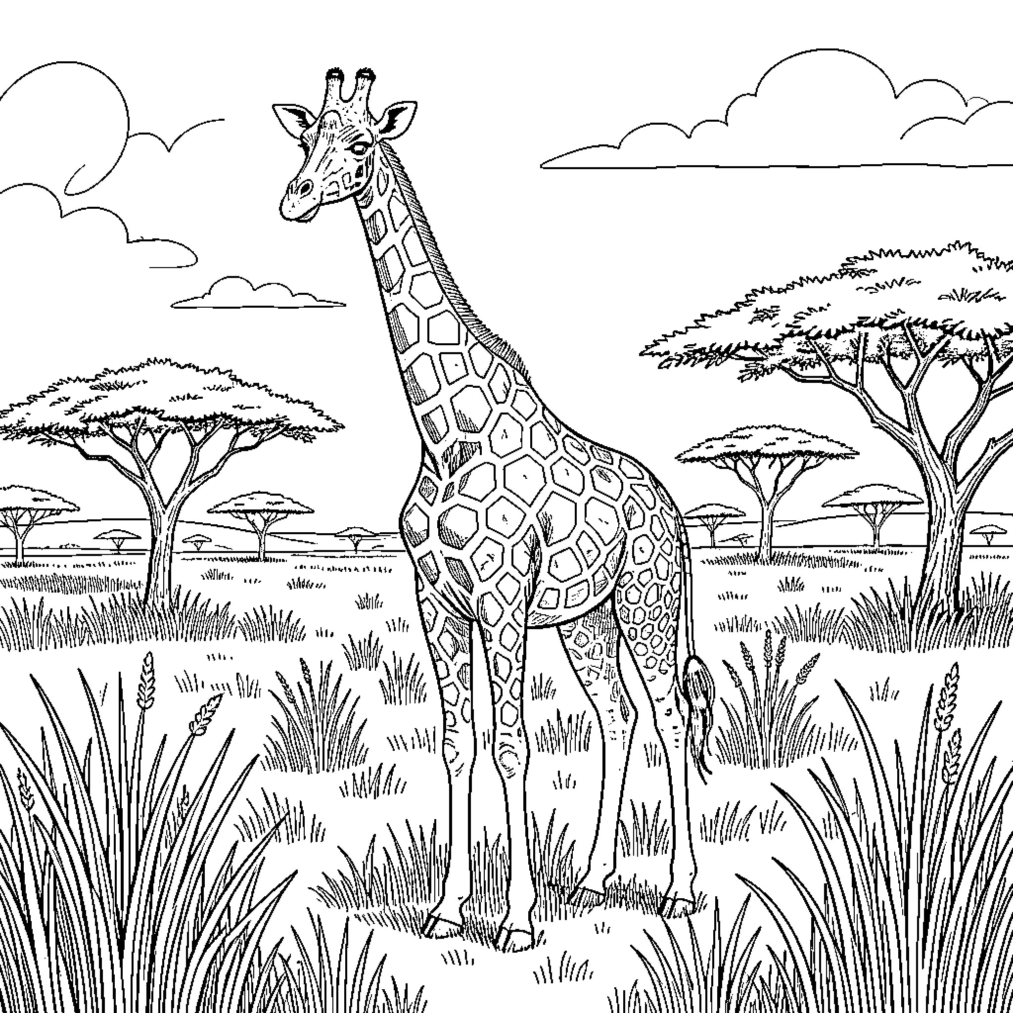 Giraffe standing calmly in the African savanna Coloring Page (free black-and-white line drawing printable PDF for all, from beginners to advanced learners, including children, teens, adults, and seniors)