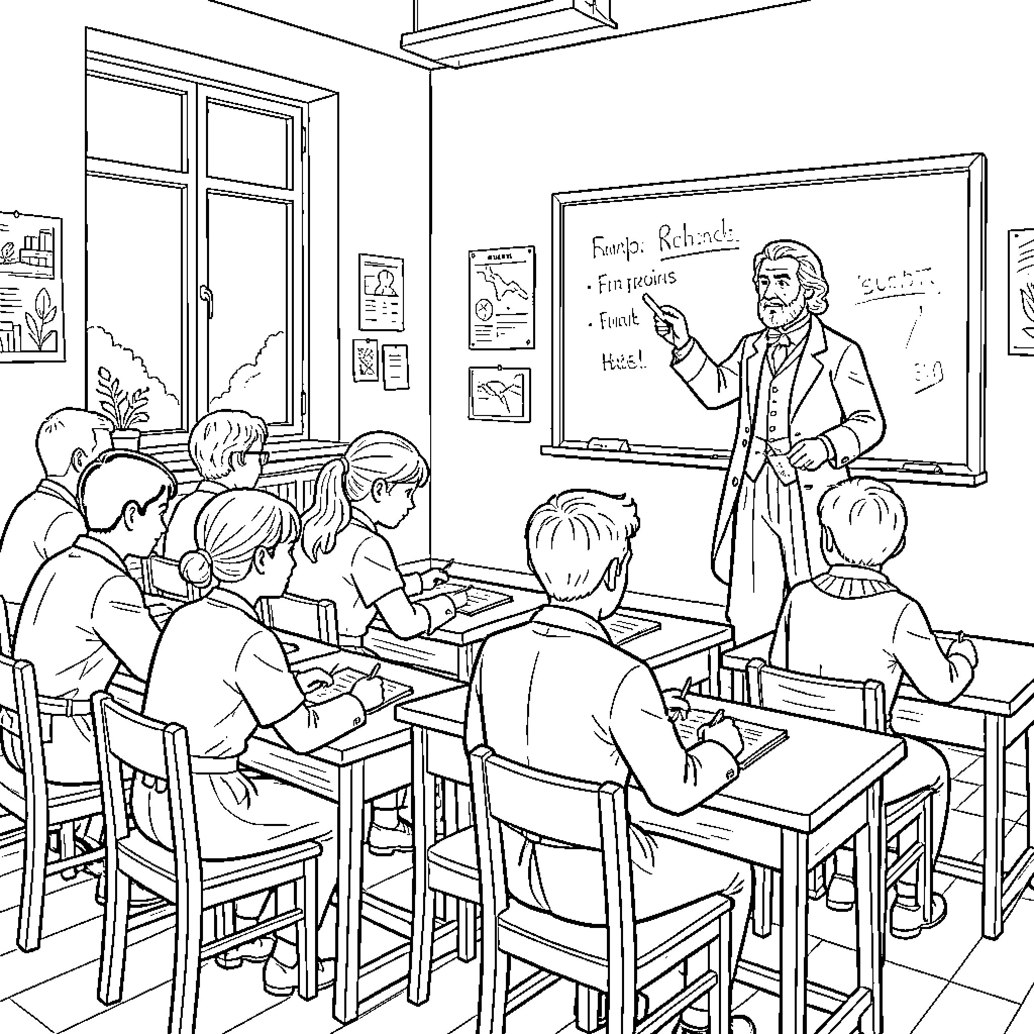 Students Engaged in Classroom Learning Coloring Page (free black-and-white line drawing printable PDF for all, from beginners to advanced learners, including children, teens, adults, and seniors)