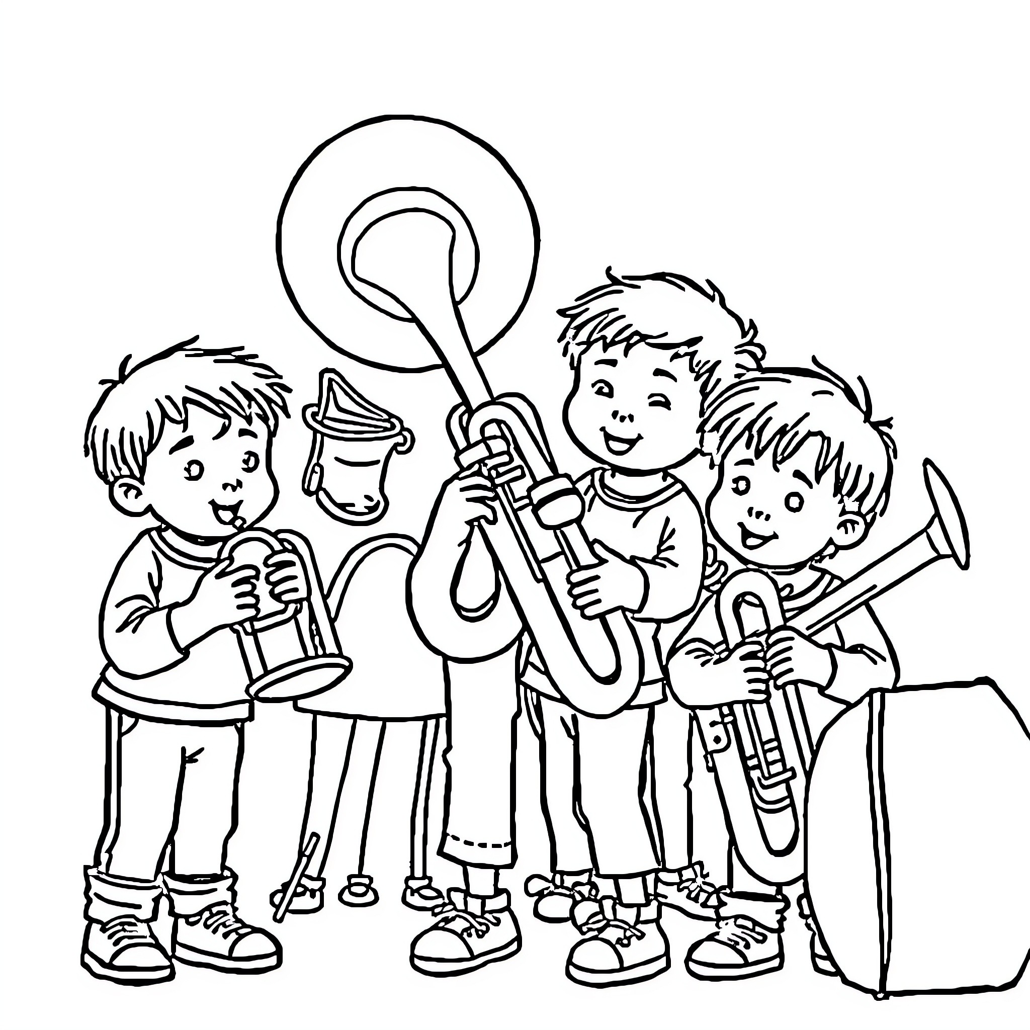 Kid musicians playing musical instruments together Coloring Page (free black-and-white line drawing printable PDF for all, from beginners to advanced learners, including children, teens, adults, and seniors)