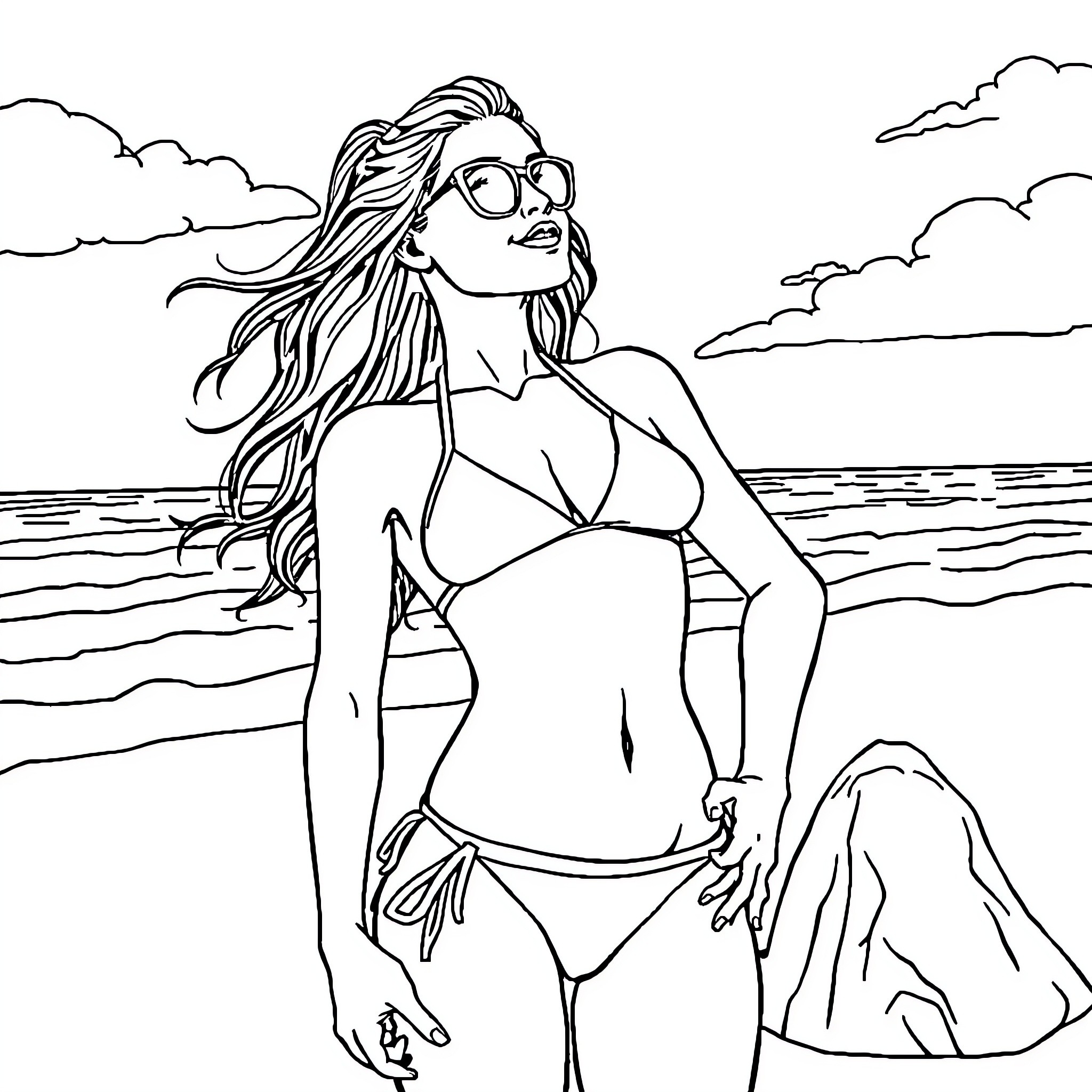 Girl in Beachwear Enjoying the Scenic View Coloring Page (free black-and-white line drawing printable PDF for all, from beginners to advanced learners, including children, teens, adults, and seniors)