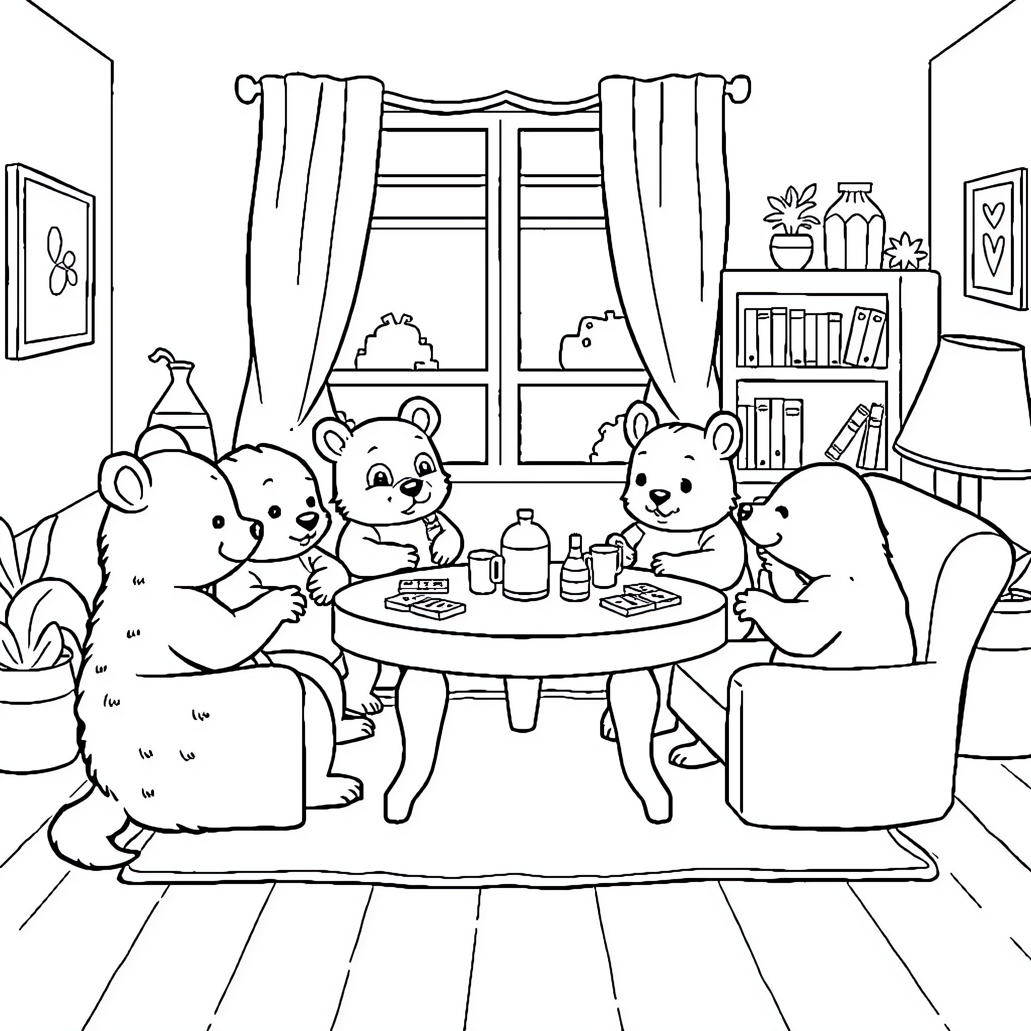Animal friends having a tea party in a cozy room Coloring Page (free black-and-white line drawing printable PDF for all, from beginners to advanced learners, including children, teens, adults, and seniors)