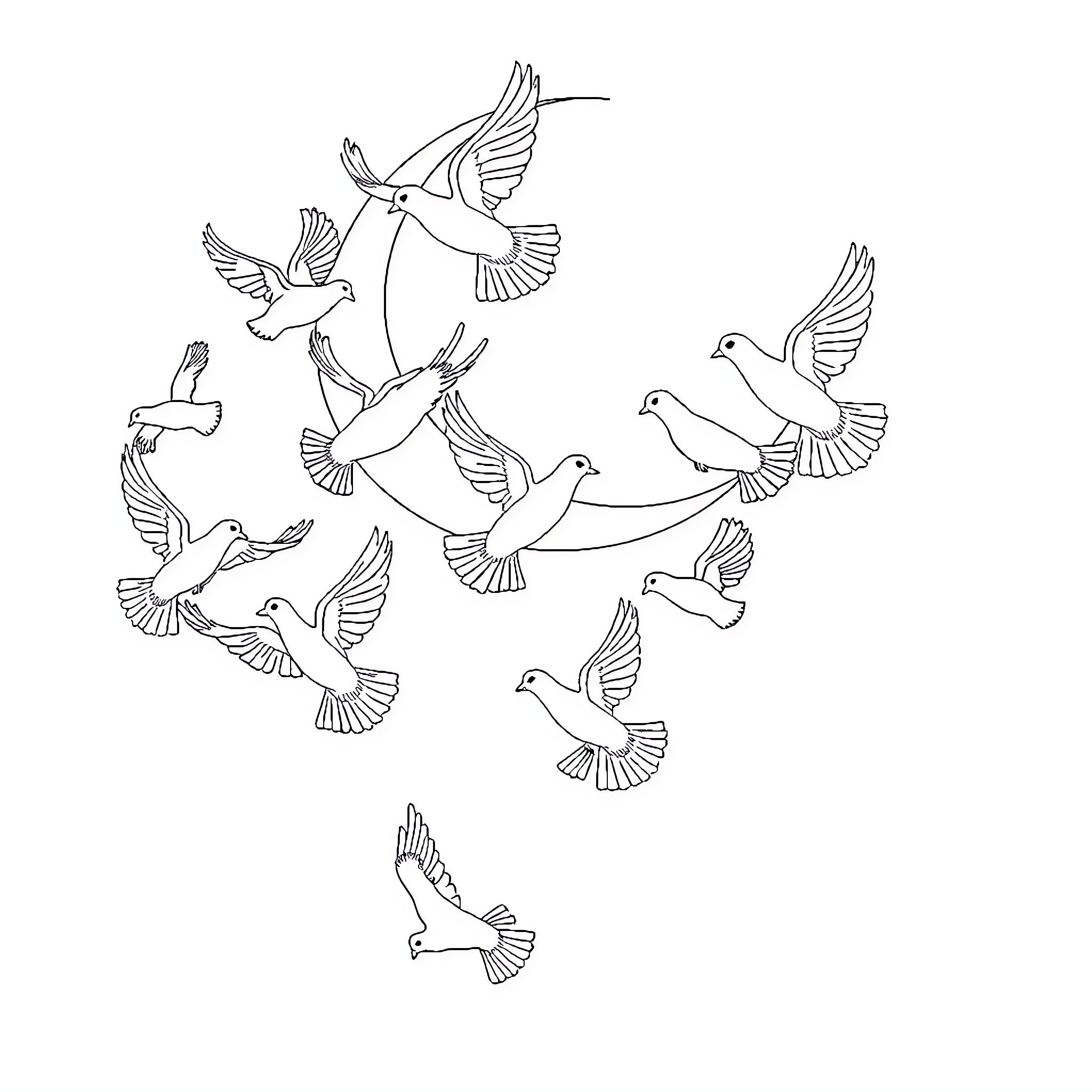 Crescent flock of doves in flight Coloring Page (free black-and-white line drawing printable PDF for all, from beginners to advanced learners, including children, teens, adults, and seniors)