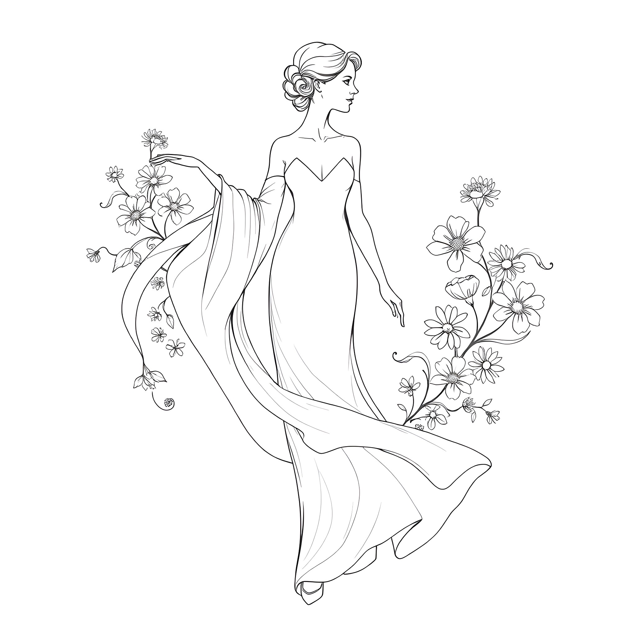Emma Watson in a Flowing Floral Gown Coloring Page (free black-and-white line drawing printable PDF for all, from beginners to advanced learners, including children, teens, adults, and seniors)