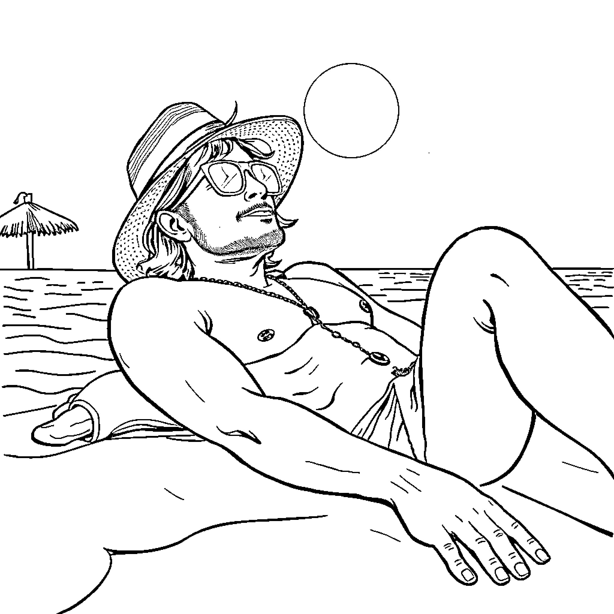 Sidney relaxing on the beach under the sun Coloring Page (free black-and-white line drawing printable PDF for all, from beginners to advanced learners, including children, teens, adults, and seniors)