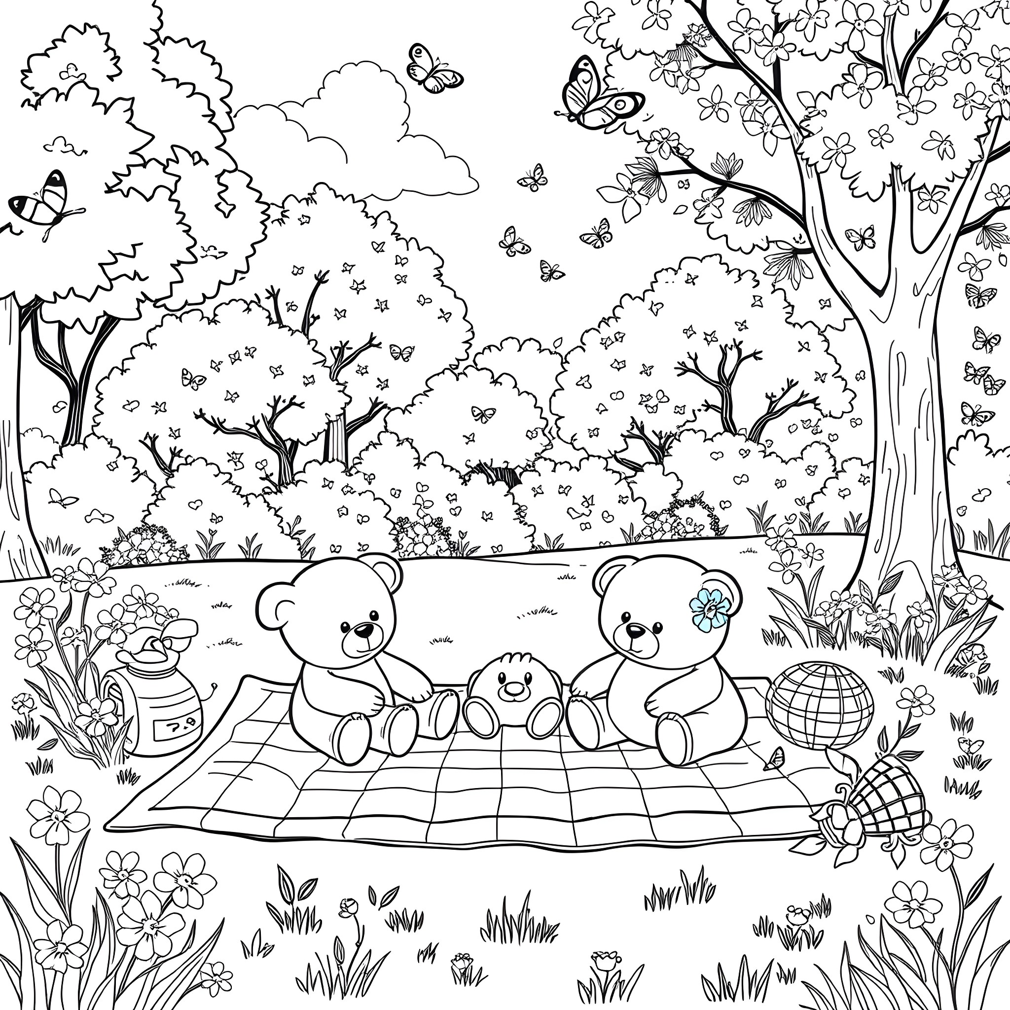 Plush Toys Picnicking in the Whimsical Forest Coloring Page (free black-and-white line drawing printable PDF for all, from beginners to advanced learners, including children, teens, adults, and seniors)