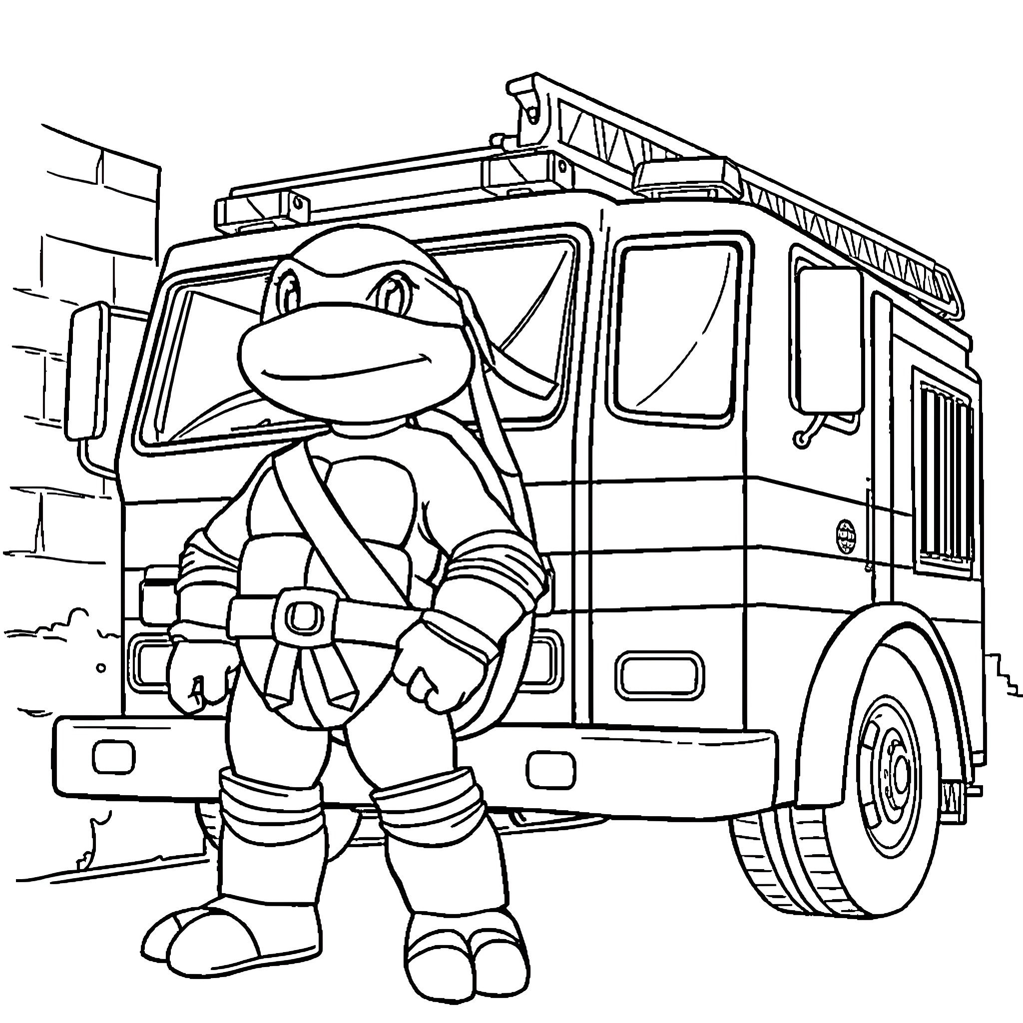 Raphael the Ninja Turtle by the Fire Truck Coloring Page (free black-and-white line drawing printable PDF for all, from beginners to advanced learners, including children, teens, adults, and seniors)