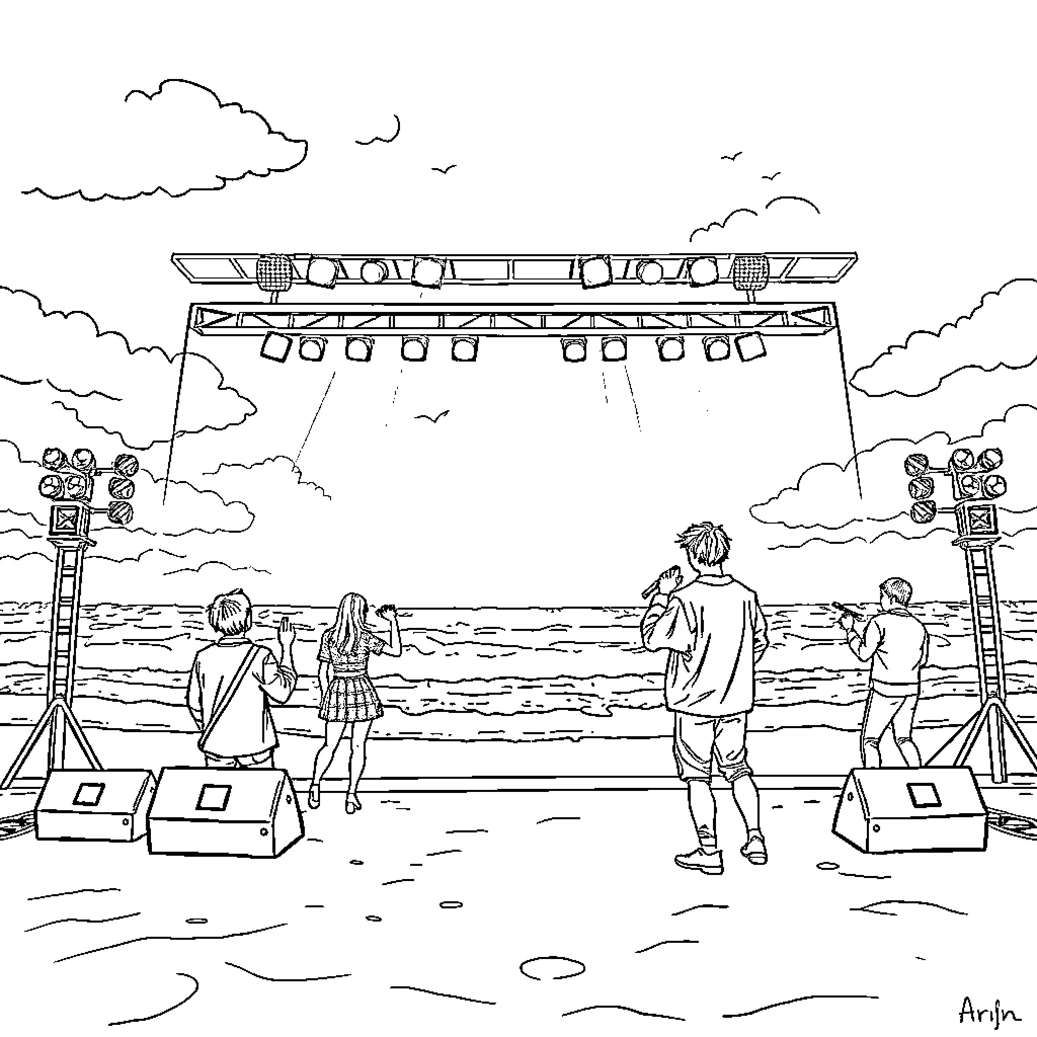 K Pop Concert Stage with Performers and Audience Coloring Page (free black-and-white line drawing printable PDF for all, from beginners to advanced learners, including children, teens, adults, and seniors)