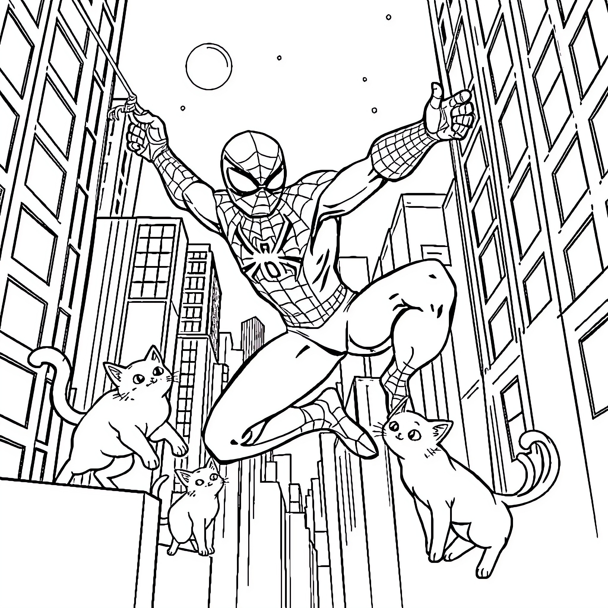Spiderman swinging through the city with kittens Coloring Page (free black-and-white line drawing printable PDF for all, from beginners to advanced learners, including children, teens, adults, and seniors)