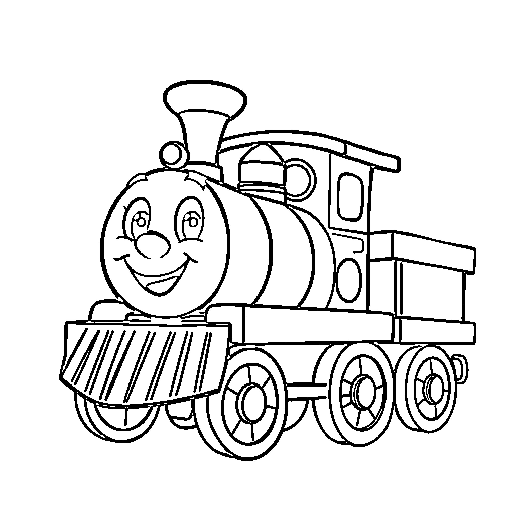 Toy Train with a Smiling Engine Coloring Page (free black-and-white line drawing printable PDF for all, from beginners to advanced learners, including children, teens, adults, and seniors)