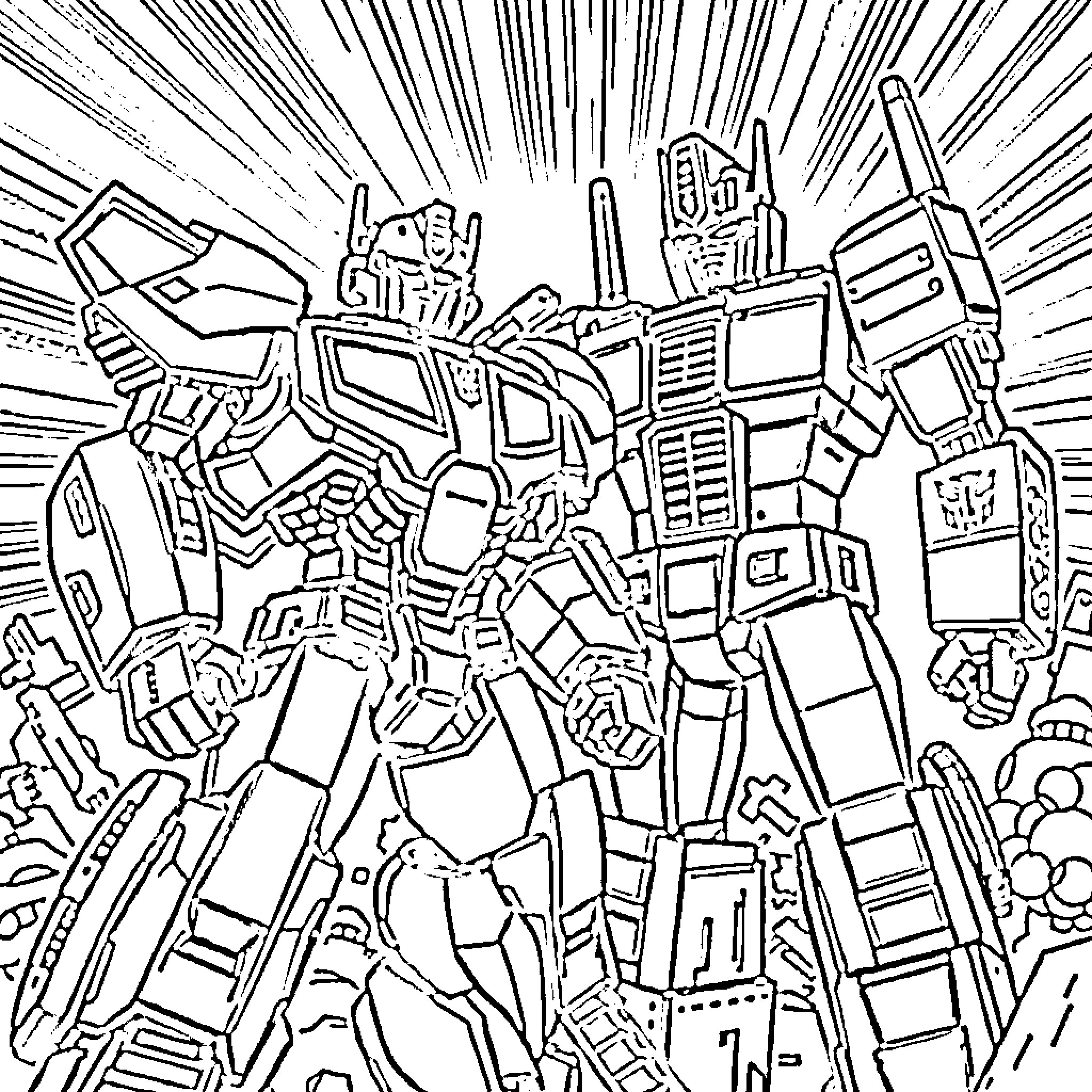 Bumblebee leading a robotic army Coloring Page (free black-and-white line drawing printable PDF for all, from beginners to advanced learners, including children, teens, adults, and seniors)