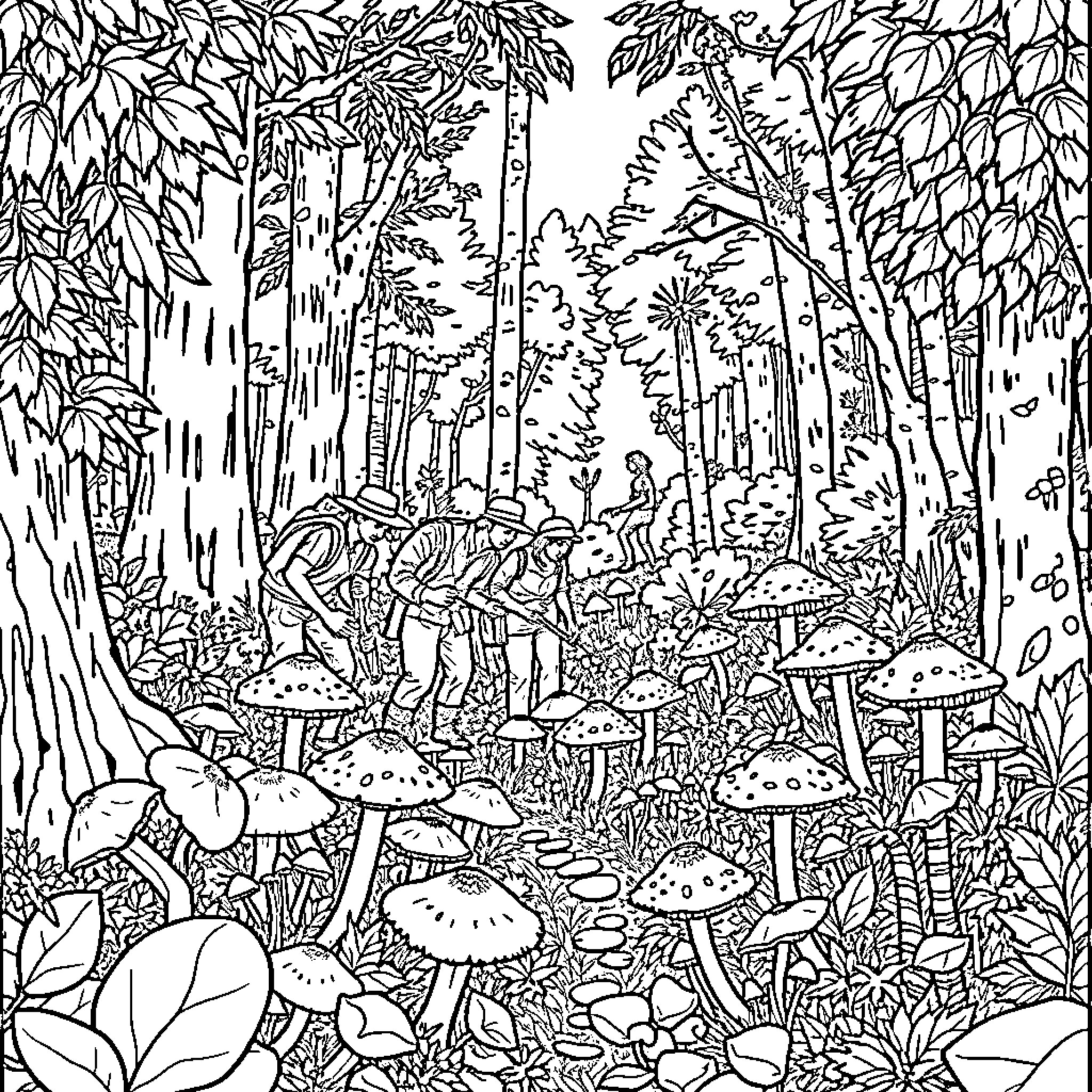 Mushroom Wonderland in the Forest Coloring Page (free black-and-white line drawing printable PDF for all, from beginners to advanced learners, including children, teens, adults, and seniors)