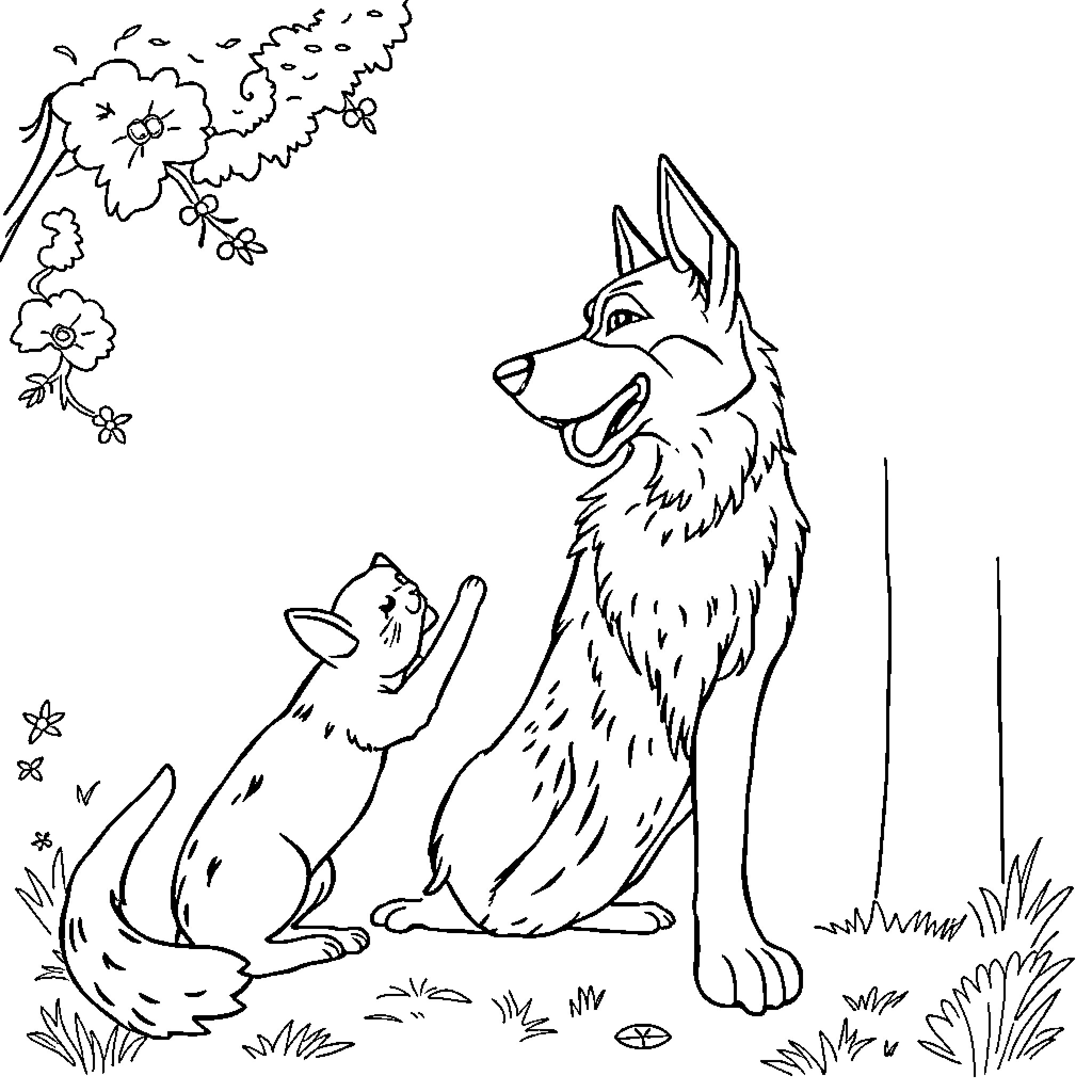 Perro and puppy exploring nature Coloring Page (free black-and-white line drawing printable PDF for all, from beginners to advanced learners, including children, teens, adults, and seniors)