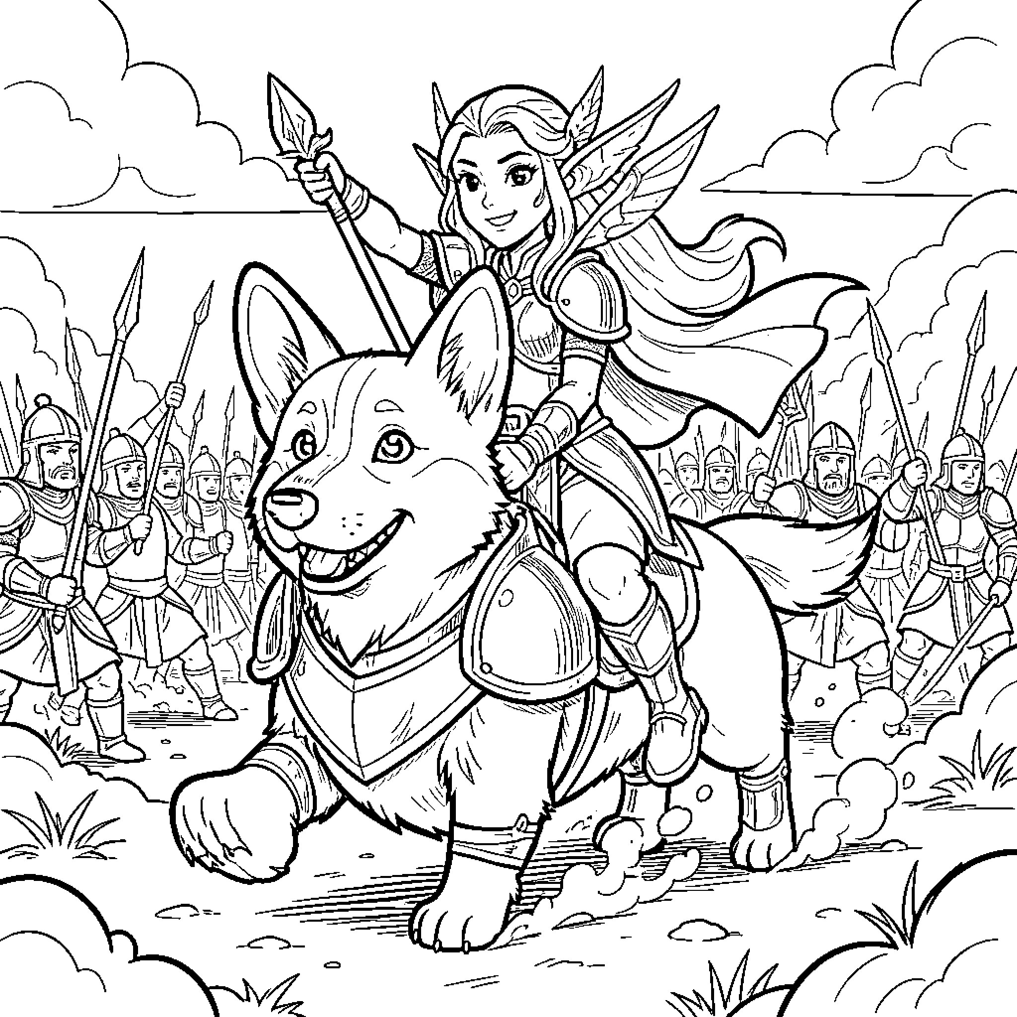 Corgi Warrior Riding into Battle with Fairy Companion Coloring Page (free black-and-white line drawing printable PDF for all, from beginners to advanced learners, including children, teens, adults, and seniors)