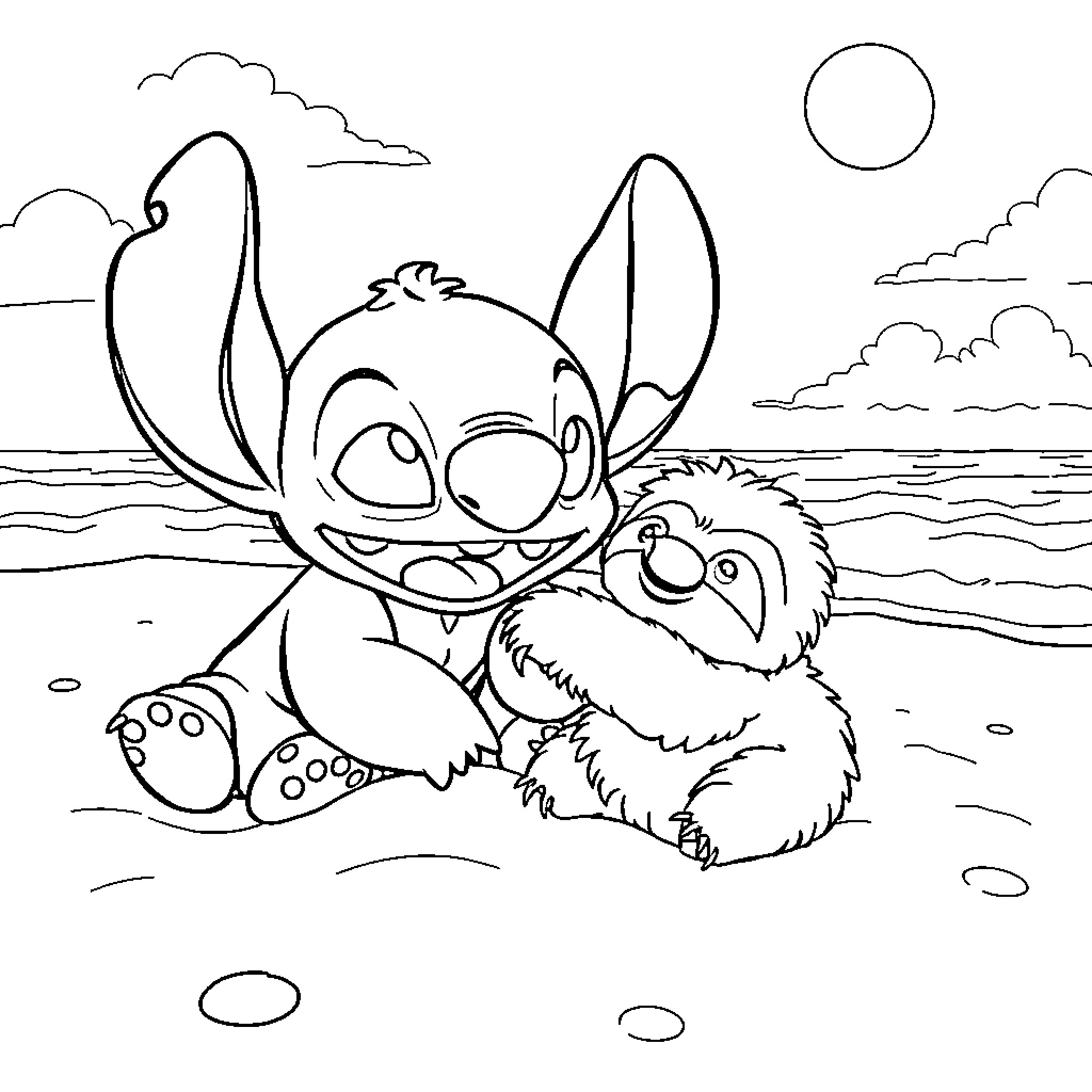 Stitch playing happily with a sloth on the beach Coloring Page (free black-and-white line drawing printable PDF for all, from beginners to advanced learners, including children, teens, adults, and seniors)