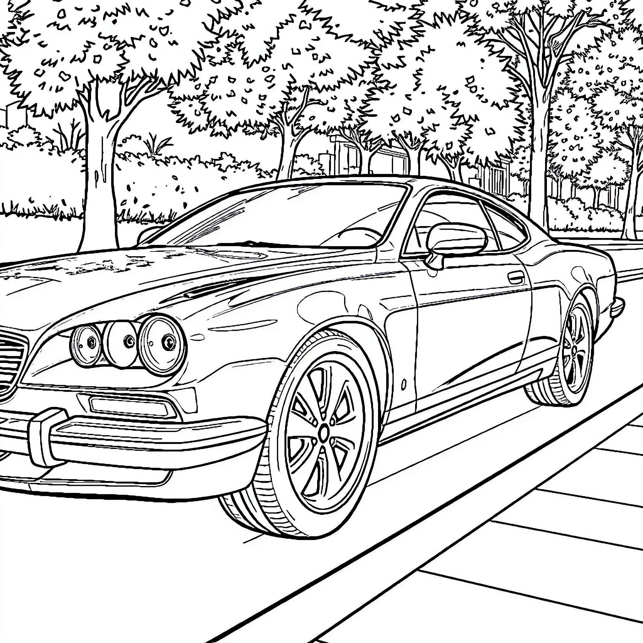 Car driving on road through city park Coloring Page (free black-and-white line drawing printable PDF for all, from beginners to advanced learners, including children, teens, adults, and seniors)