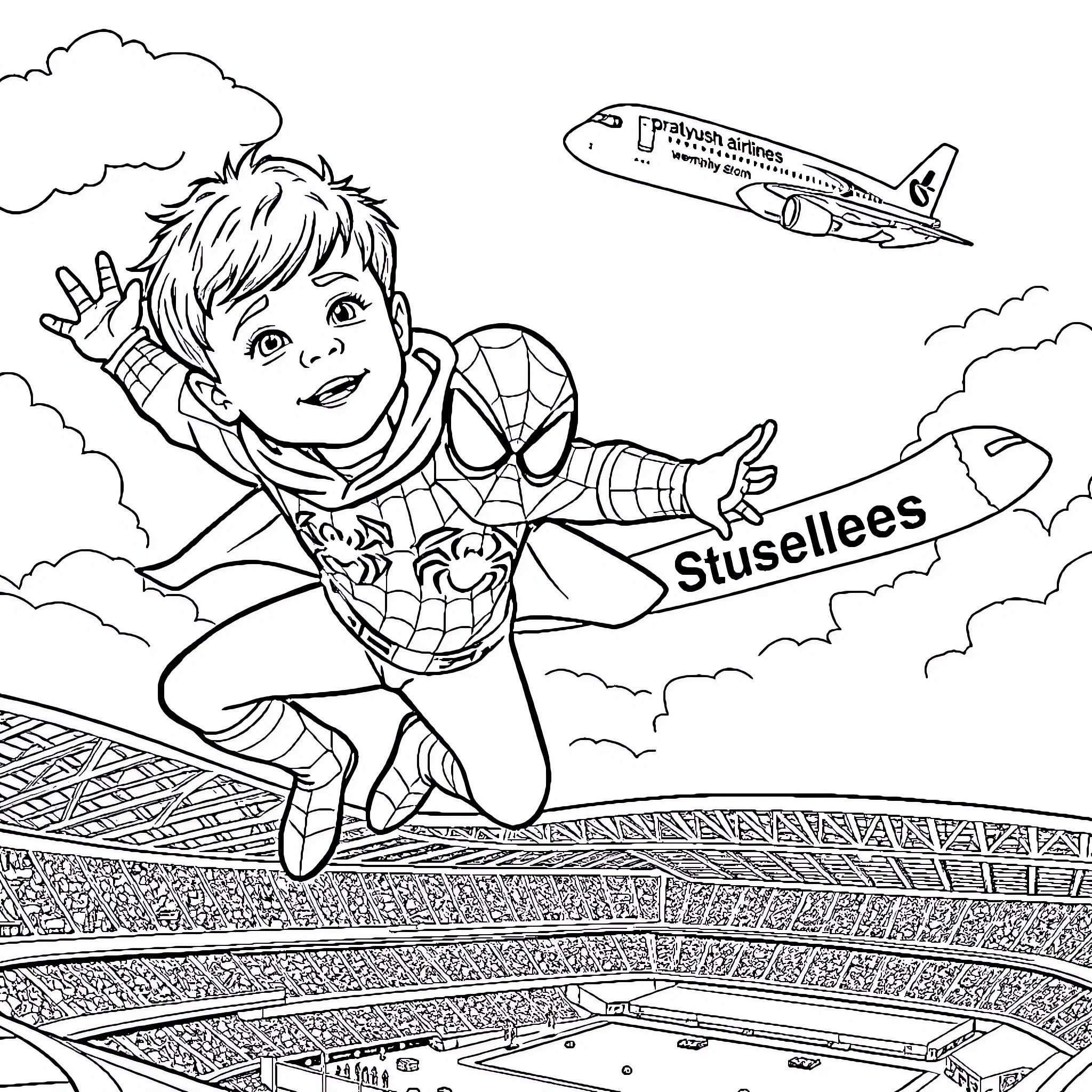 Boy as Superhero Soaring over Stadium Coloring Page (free black-and-white line drawing printable PDF for all, from beginners to advanced learners, including children, teens, adults, and seniors)