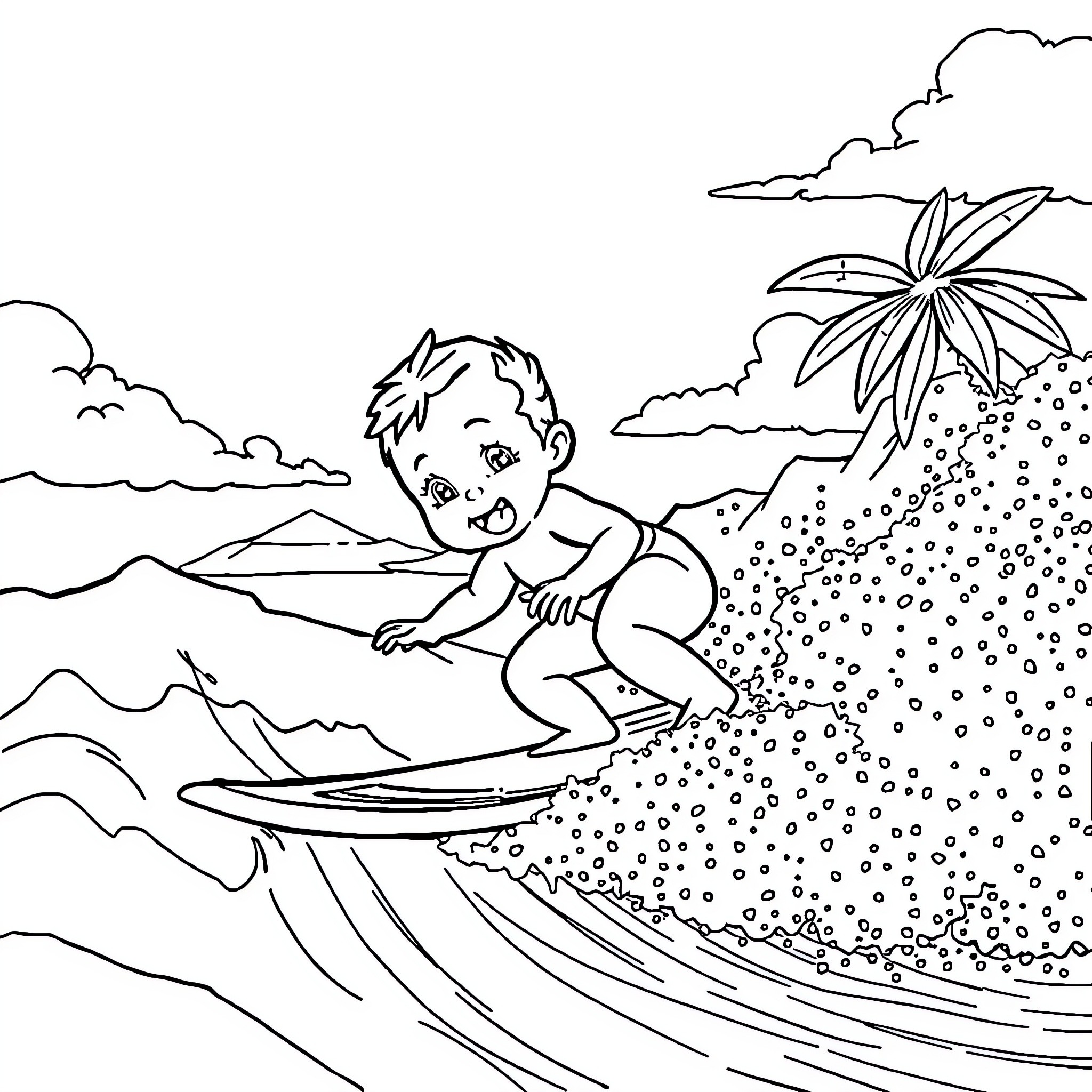 Baby enjoying the waves on the beach Coloring Page (free black-and-white line drawing printable PDF for all, from beginners to advanced learners, including children, teens, adults, and seniors)
