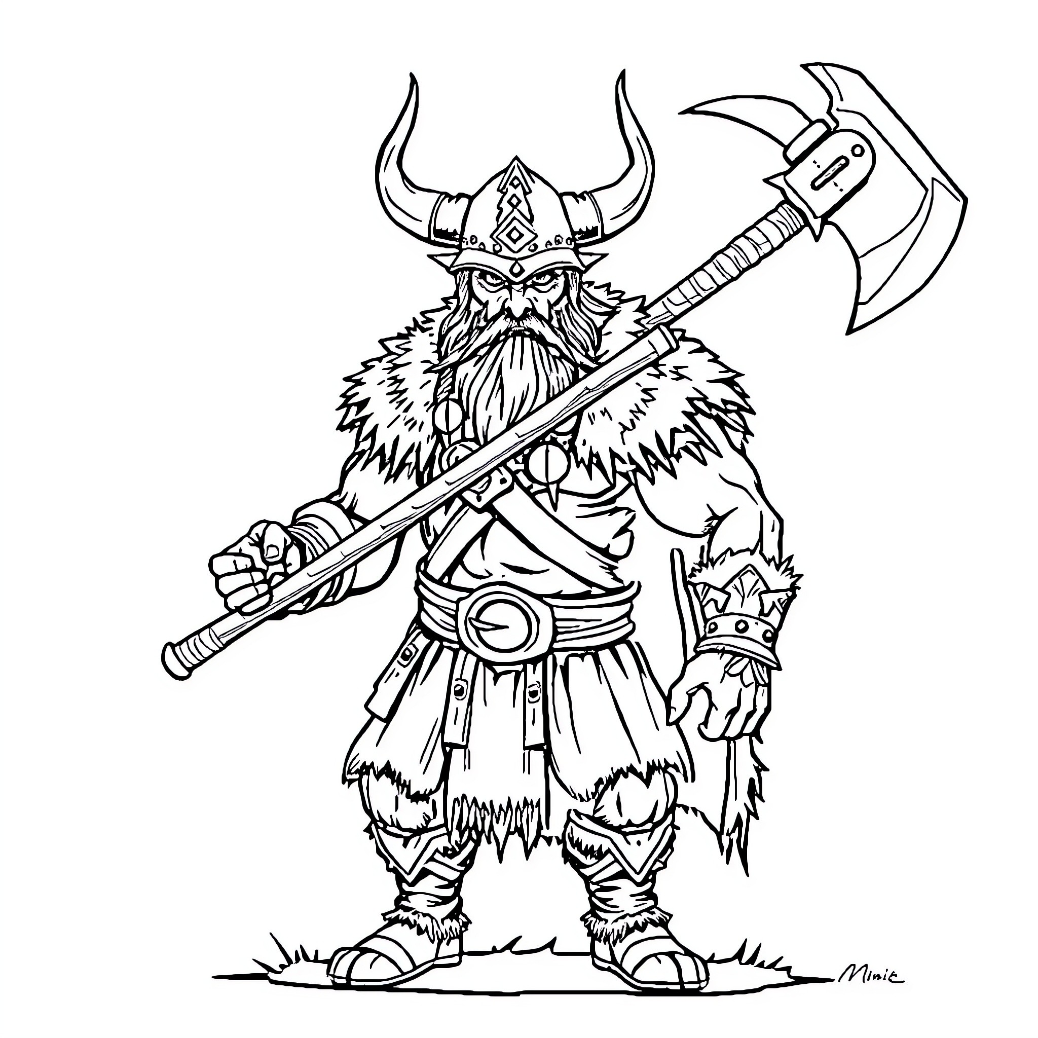 Viking warrior wielding mighty axe in battle stance Coloring Page (free black-and-white line drawing printable PDF for all, from beginners to advanced learners, including children, teens, adults, and seniors)