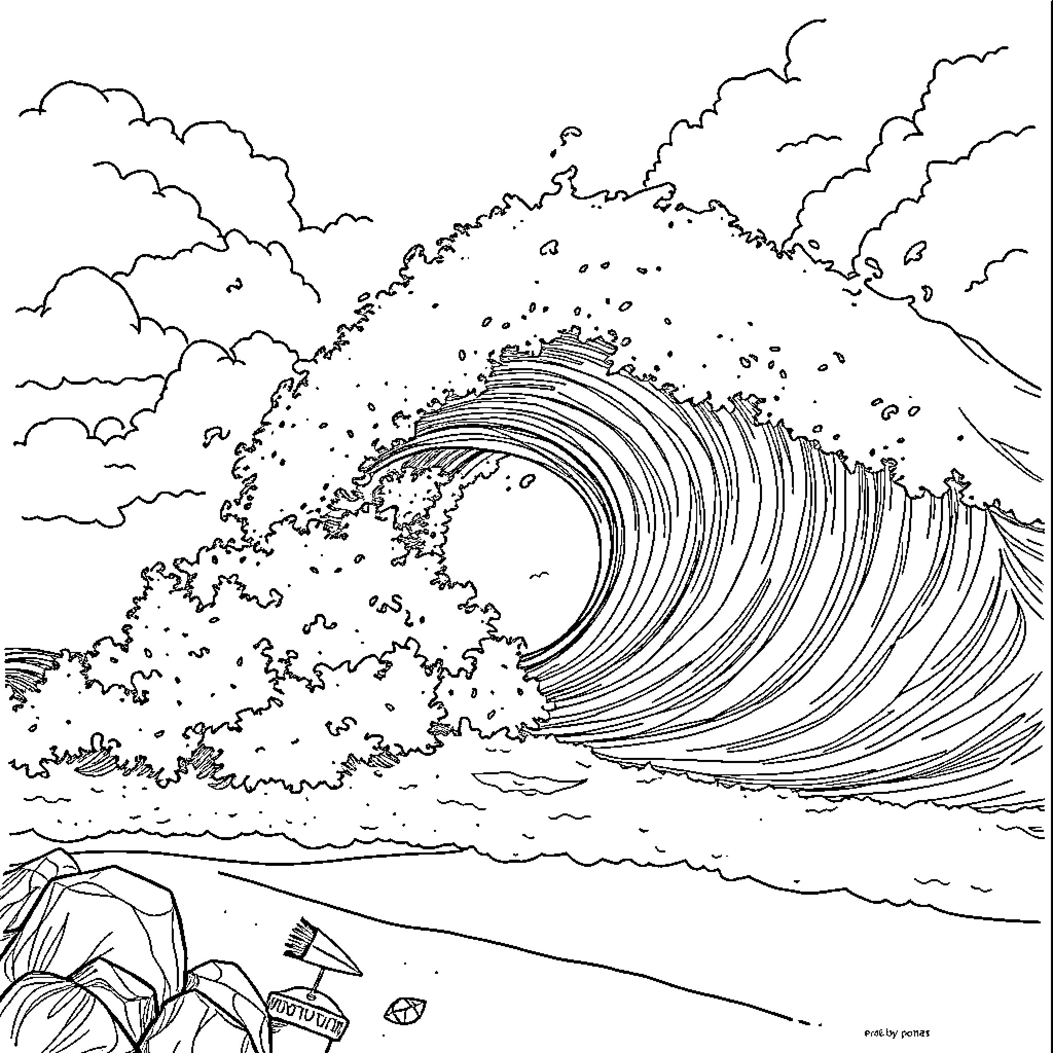 Tsunami crashing down on the shore Coloring Page (free black-and-white line drawing printable PDF for all, from beginners to advanced learners, including children, teens, adults, and seniors)
