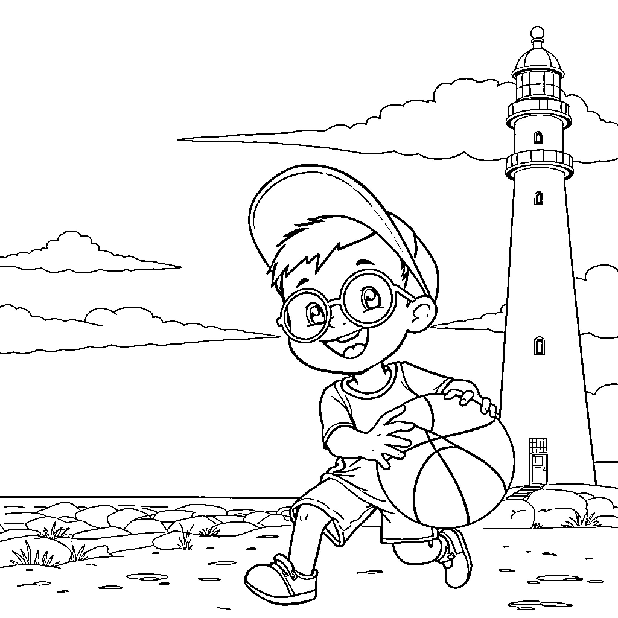 Boy playing by the lighthouse Coloring Page (free black-and-white line drawing printable PDF for all, from beginners to advanced learners, including children, teens, adults, and seniors)