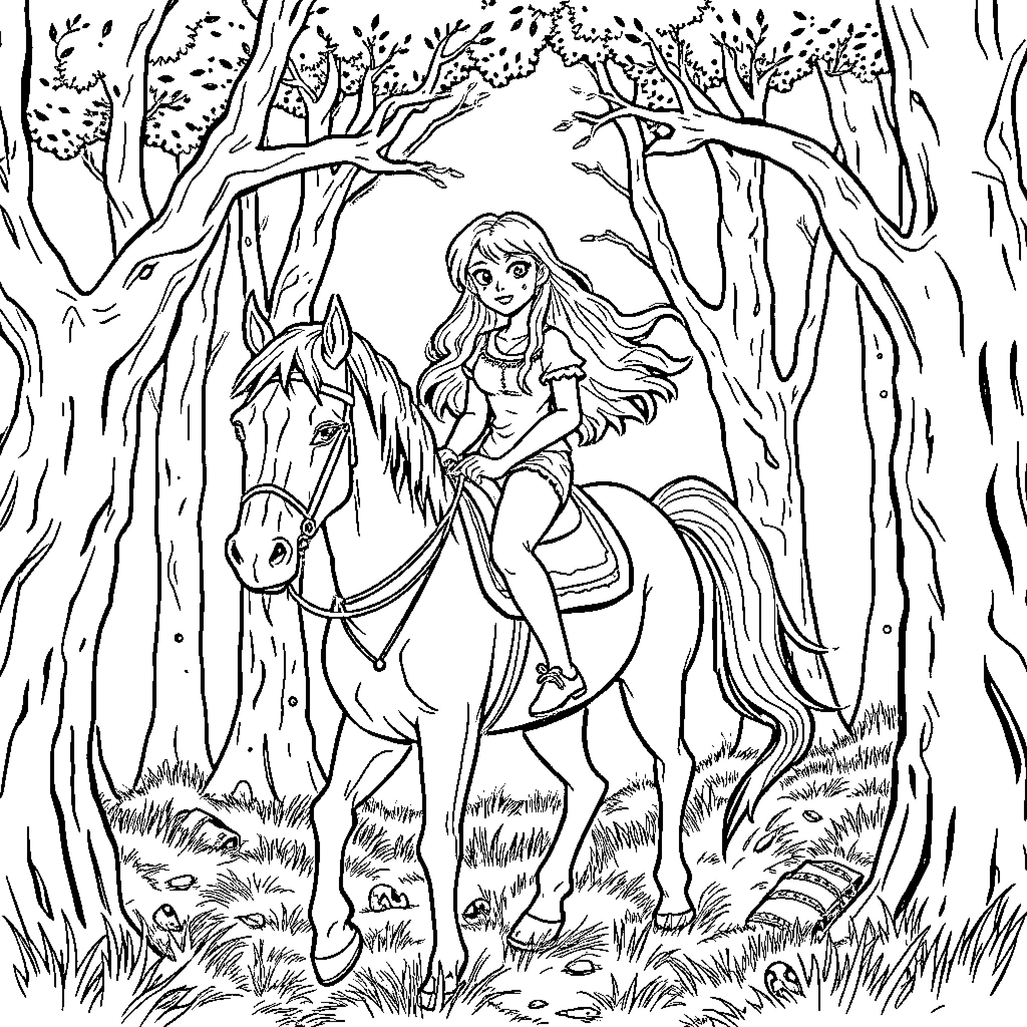 Girl riding a horse through the forest Coloring Page (free black-and-white line drawing printable PDF for all, from beginners to advanced learners, including children, teens, adults, and seniors)
