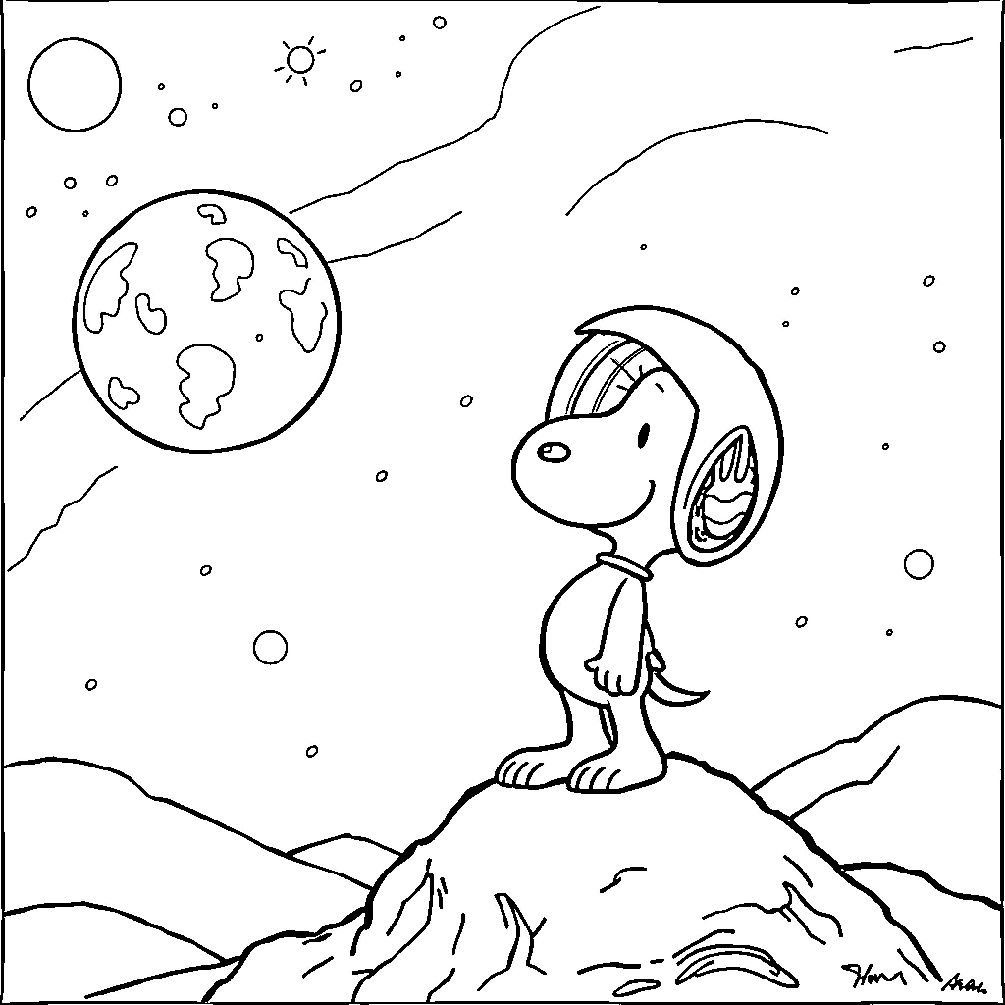 Snoopy gazing at the moon and stars Coloring Page (free black-and-white line drawing printable PDF for all, from beginners to advanced learners, including children, teens, adults, and seniors)
