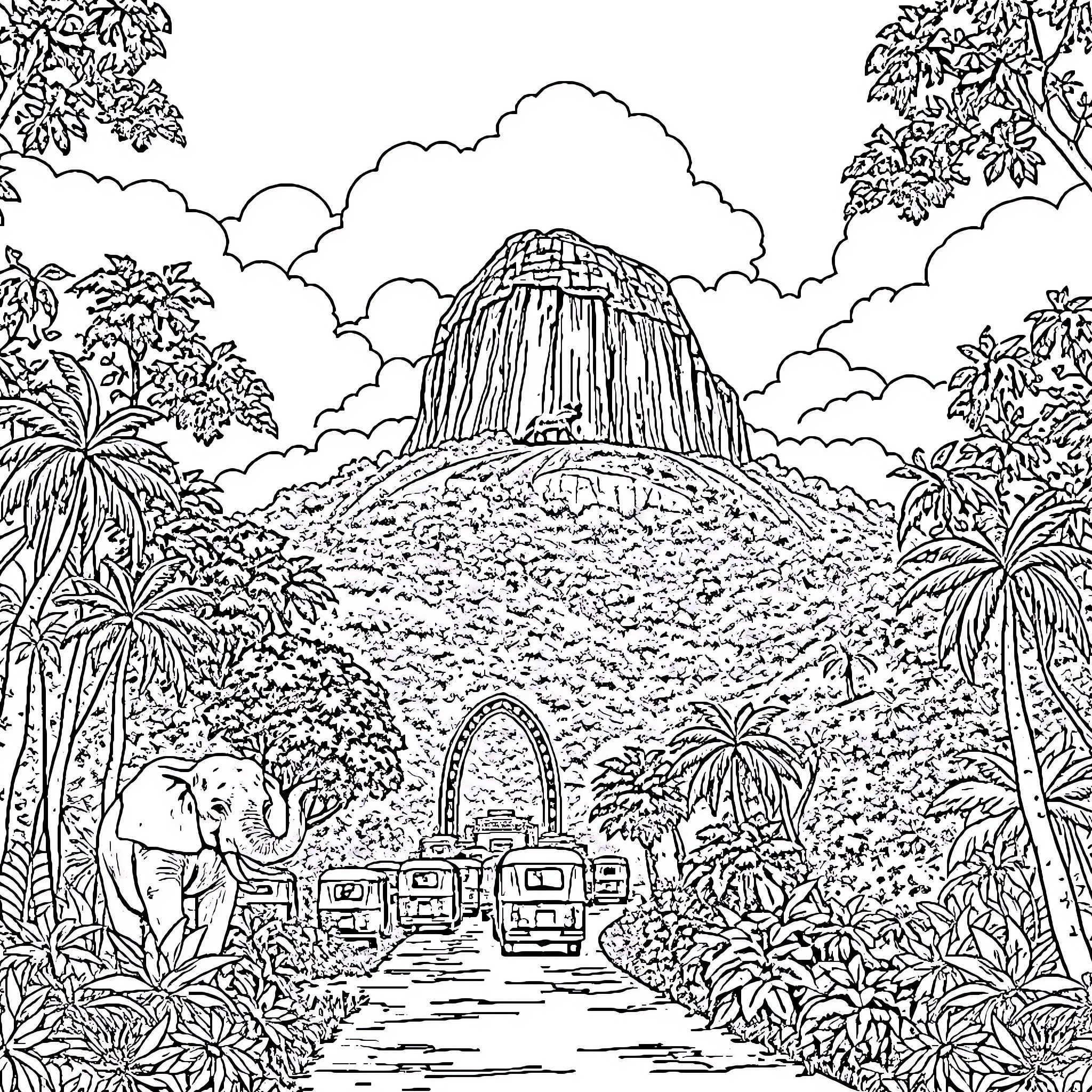 Lion exploring lush jungle landscape Coloring Page (free black-and-white line drawing printable PDF for all, from beginners to advanced learners, including children, teens, adults, and seniors)