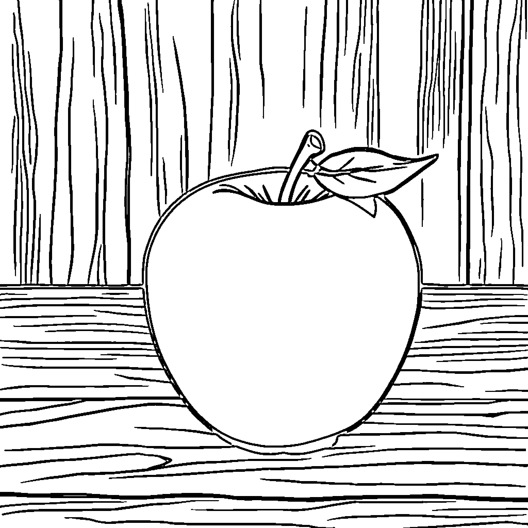 Apple on Wooden Backdrop Coloring Page (free black-and-white line drawing printable PDF for all, from beginners to advanced learners, including children, teens, adults, and seniors)