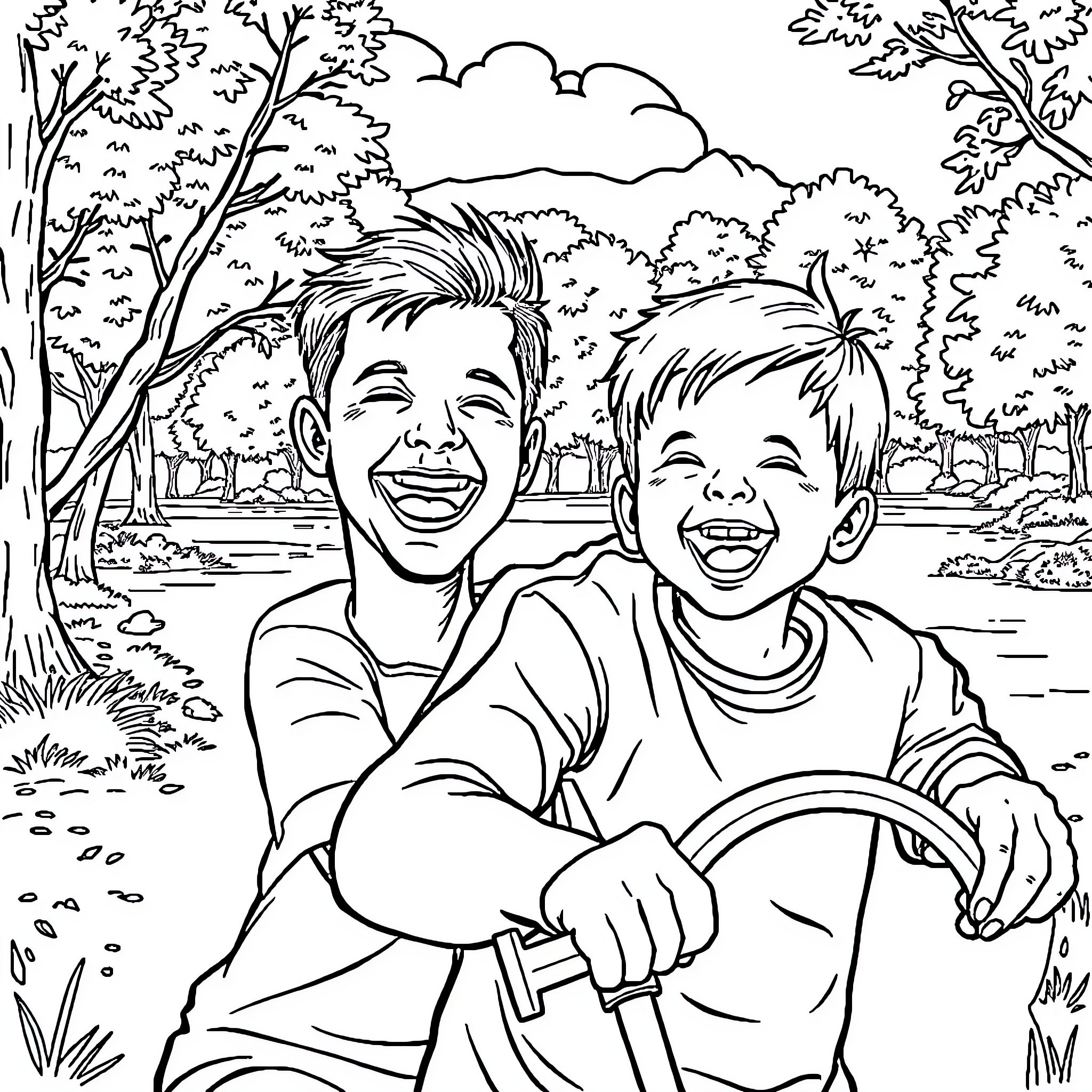Dad and son enjoy outdoor adventure together Coloring Page (free black-and-white line drawing printable PDF for all, from beginners to advanced learners, including children, teens, adults, and seniors)
