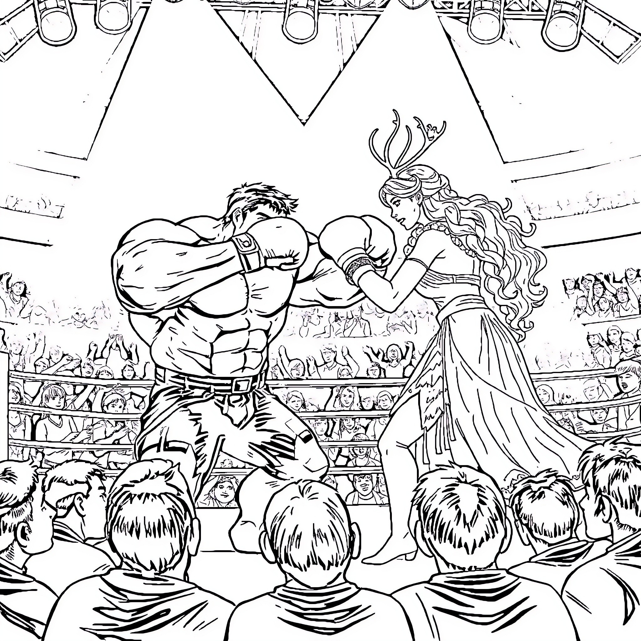 Hulk boxing match with female wrestler in the arena Coloring Page (free black-and-white line drawing printable PDF for all, from beginners to advanced learners, including children, teens, adults, and seniors)