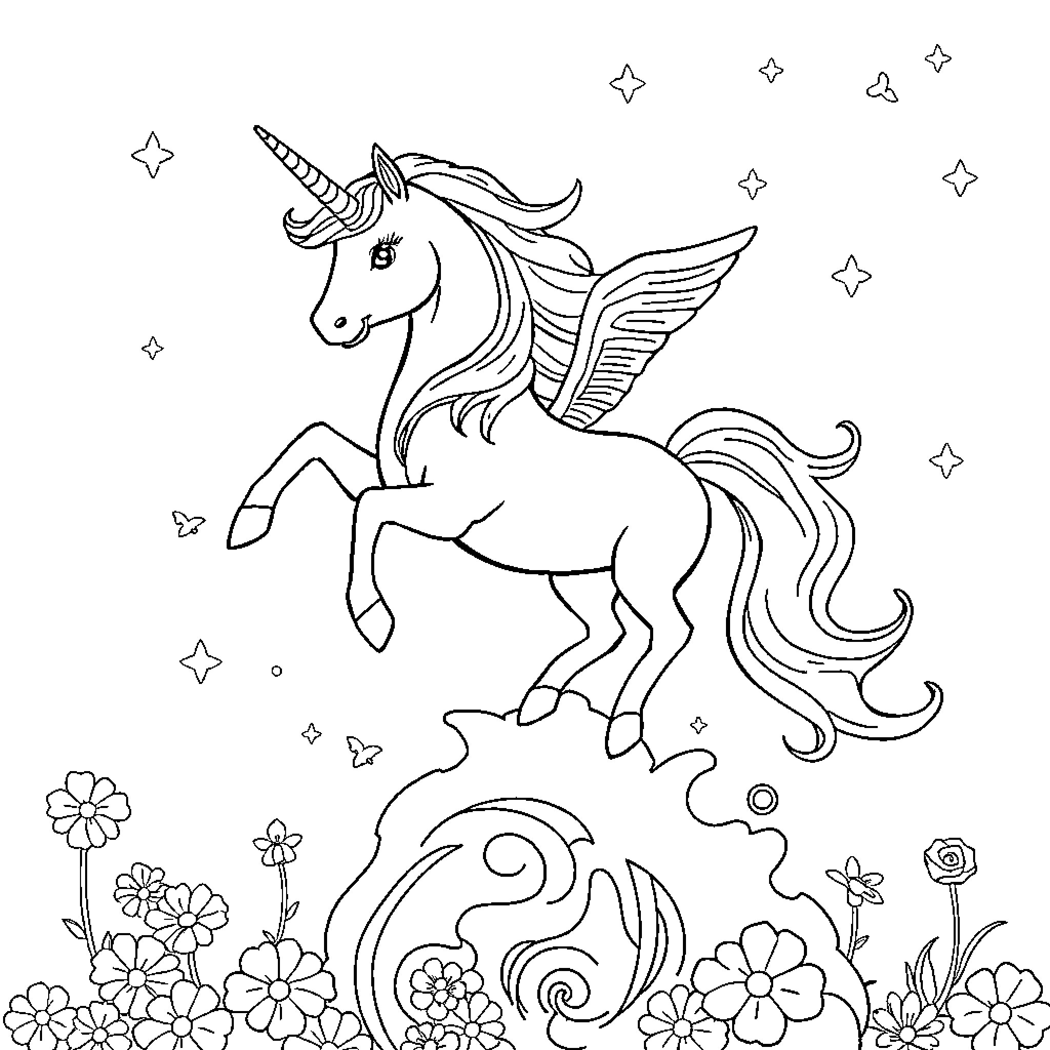 Unicorn soaring amidst whimsical flowers and stars Coloring Page (free black-and-white line drawing printable PDF for all, from beginners to advanced learners, including children, teens, adults, and seniors)