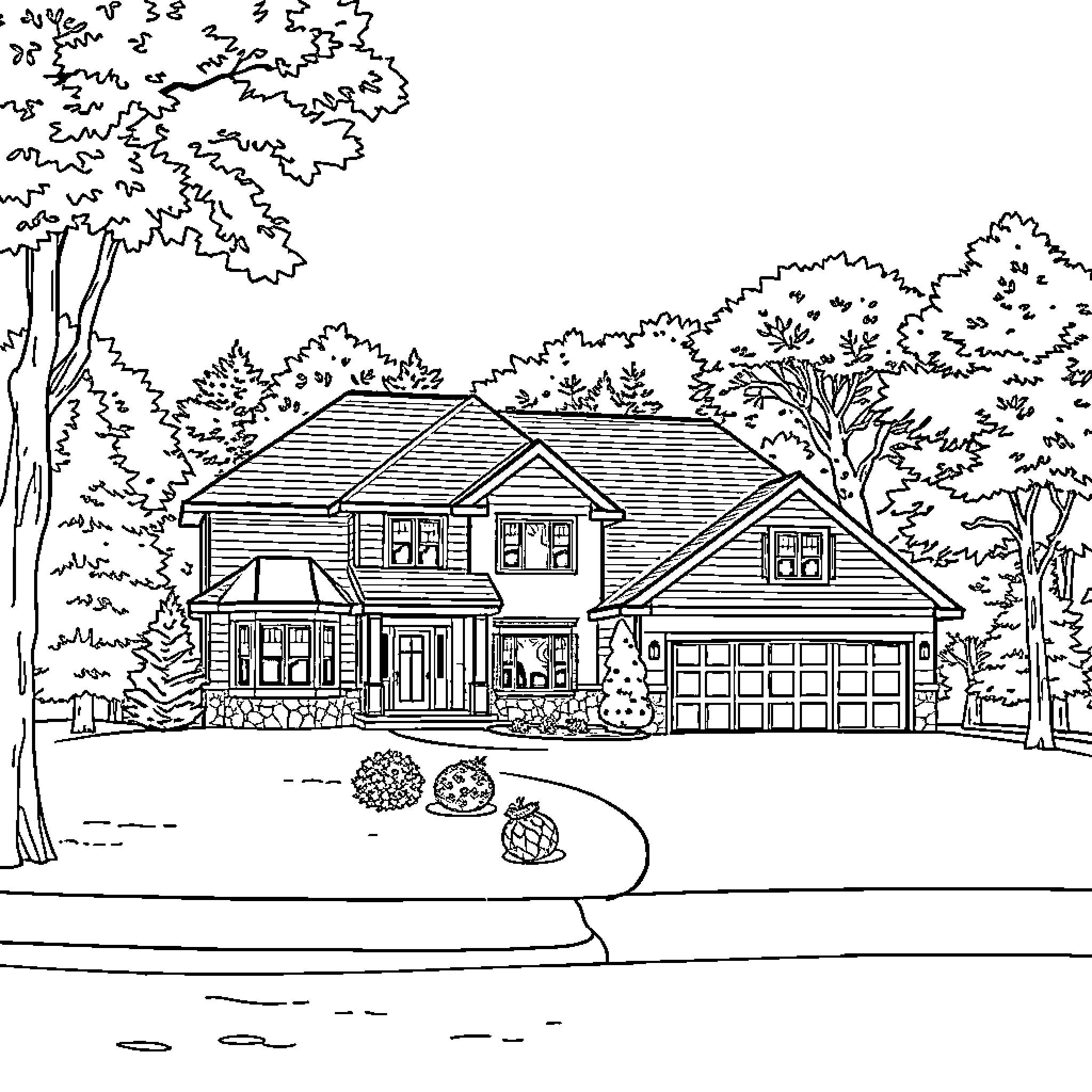 Sunfish house in scenic landscape Coloring Page (free black-and-white line drawing printable PDF for all, from beginners to advanced learners, including children, teens, adults, and seniors)