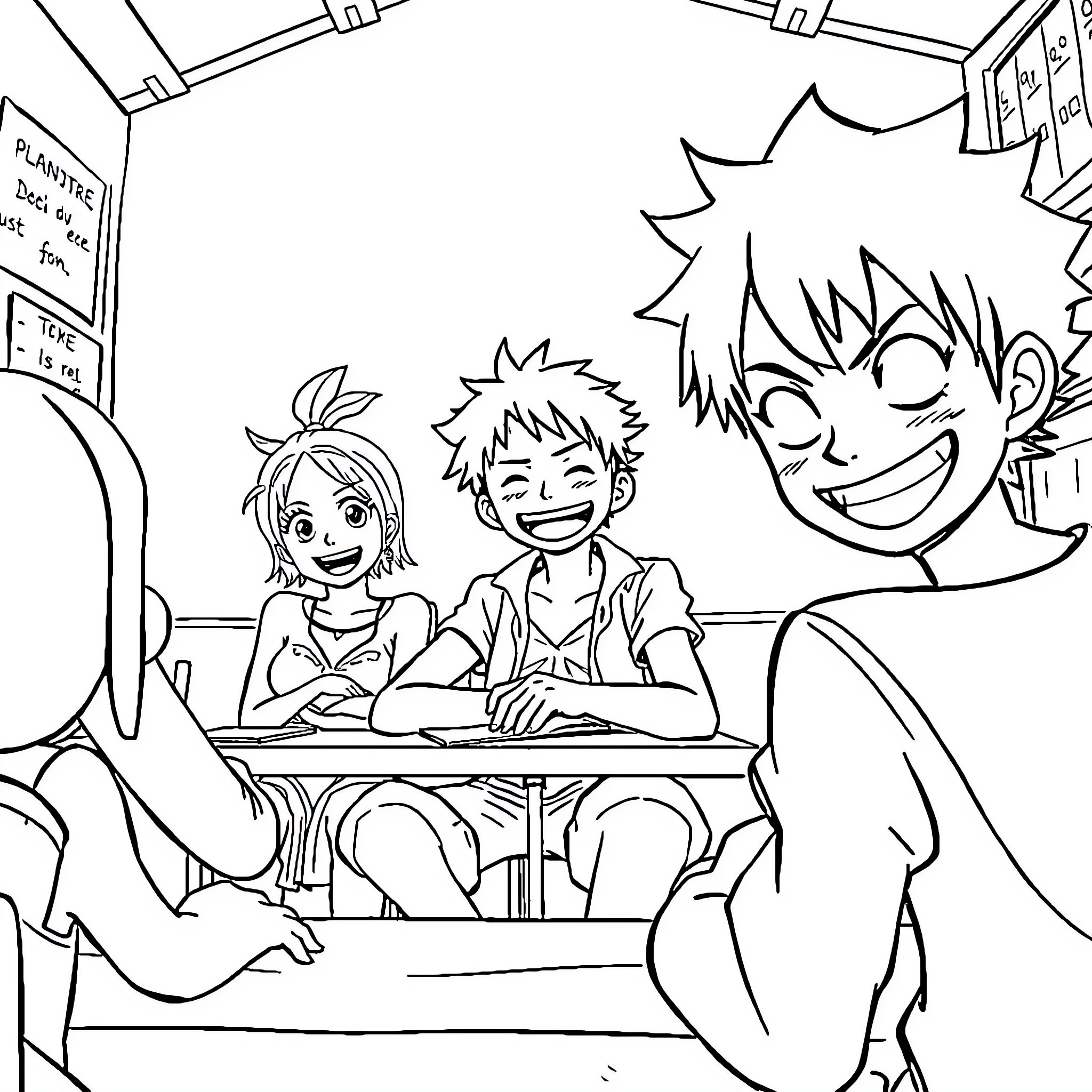 Luffy and friends studying together in the classroom Coloring Page (free black-and-white line drawing printable PDF for all, from beginners to advanced learners, including children, teens, adults, and seniors)