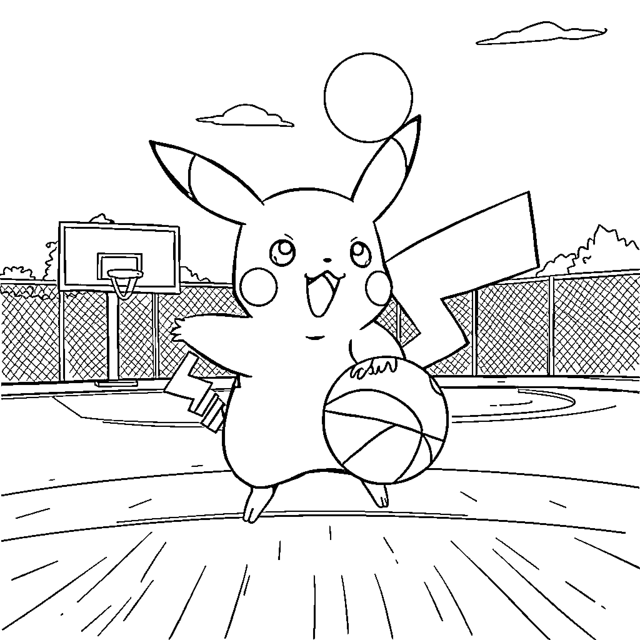 Pikachu playing basketball on the court Coloring Page (free black-and-white line drawing printable PDF for all, from beginners to advanced learners, including children, teens, adults, and seniors)