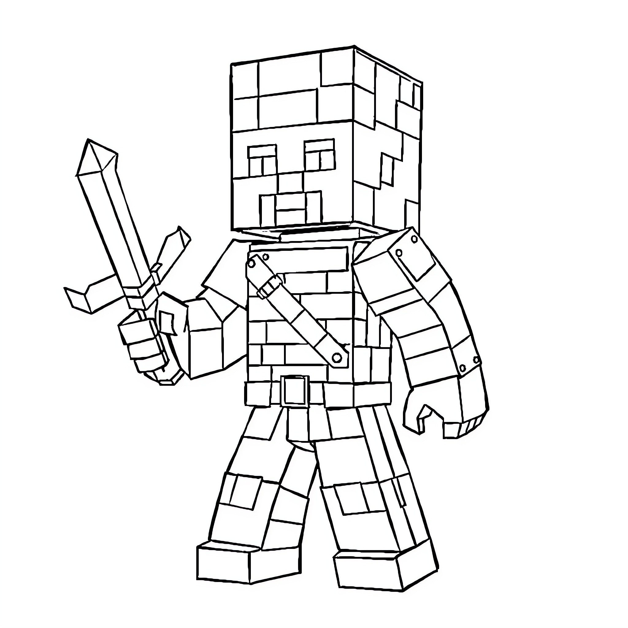 Minecraft Character Wielding Weapons in Action Coloring Page (free black-and-white line drawing printable PDF for all, from beginners to advanced learners, including children, teens, adults, and seniors)