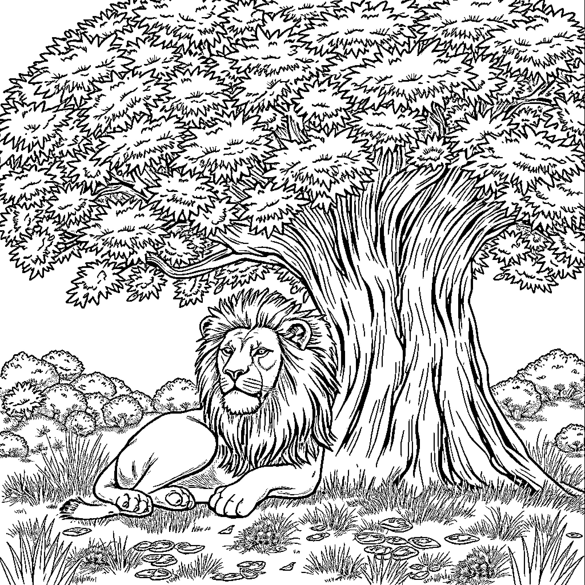 Lion resting under the canopy of a large tree Coloring Page (free black-and-white line drawing printable PDF for all, from beginners to advanced learners, including children, teens, adults, and seniors)