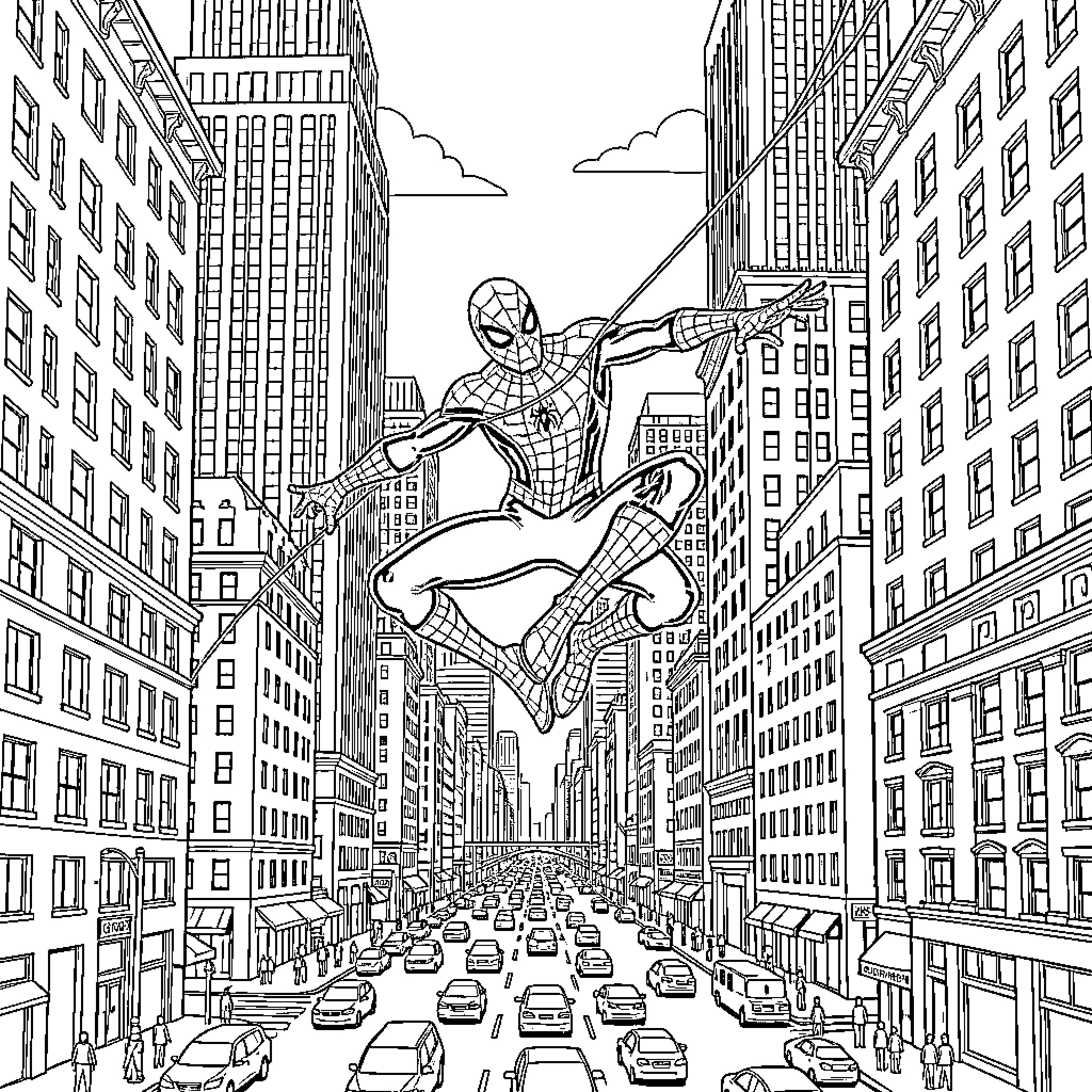 Spiderman swinging through the bustling city streets Coloring Page (free black-and-white line drawing printable PDF for all, from beginners to advanced learners, including children, teens, adults, and seniors)